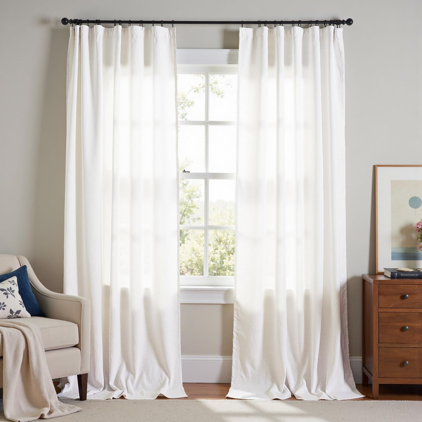 Linen Curtains for Living Room Bedroom 84 Inches Long Thick Linen Textured Beige Curtains Light Filtering Natural Semi Sheer Farmhouse Window Drapes, Country Rustic Drapes 2 Panels Back Tab/Rod Pocket