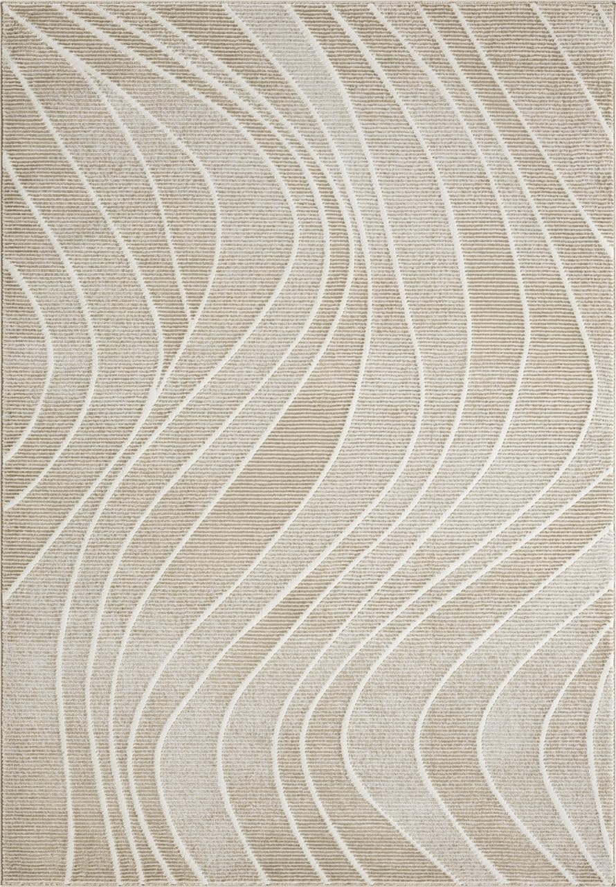 Abani Modern Geometric Wavy Area Rug - Cream, 4' x 6' - Chunky, Plush and Soft Washable Carpet - Perfect for Living Room & Bedroom - Plush Deco Collection