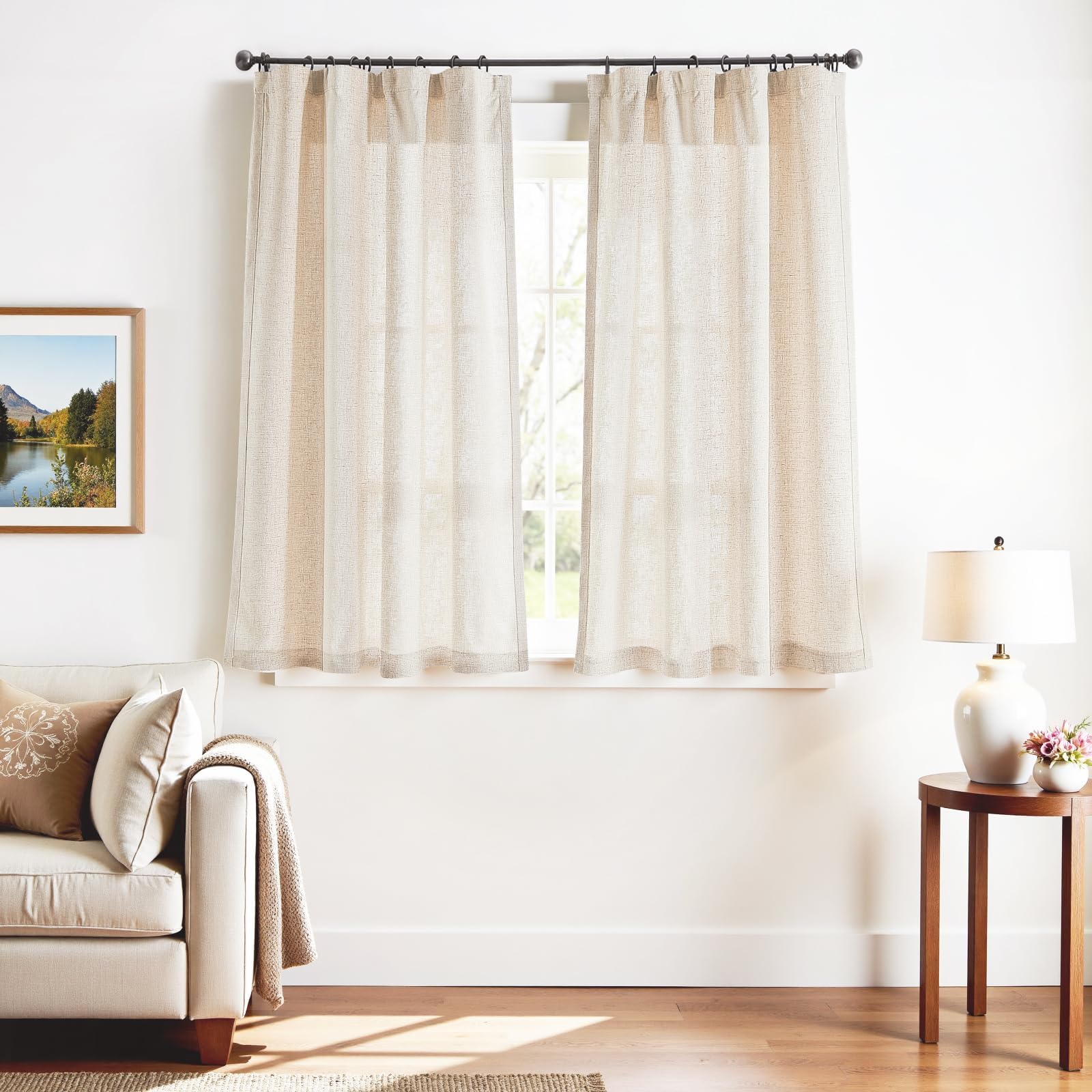 Linen Curtains for Living Room Bedroom 84 Inches Long Thick Linen Textured Beige Curtains Light Filtering Natural Semi Sheer Farmhouse Window Drapes, Country Rustic Drapes 2 Panels Back Tab/Rod Pocket