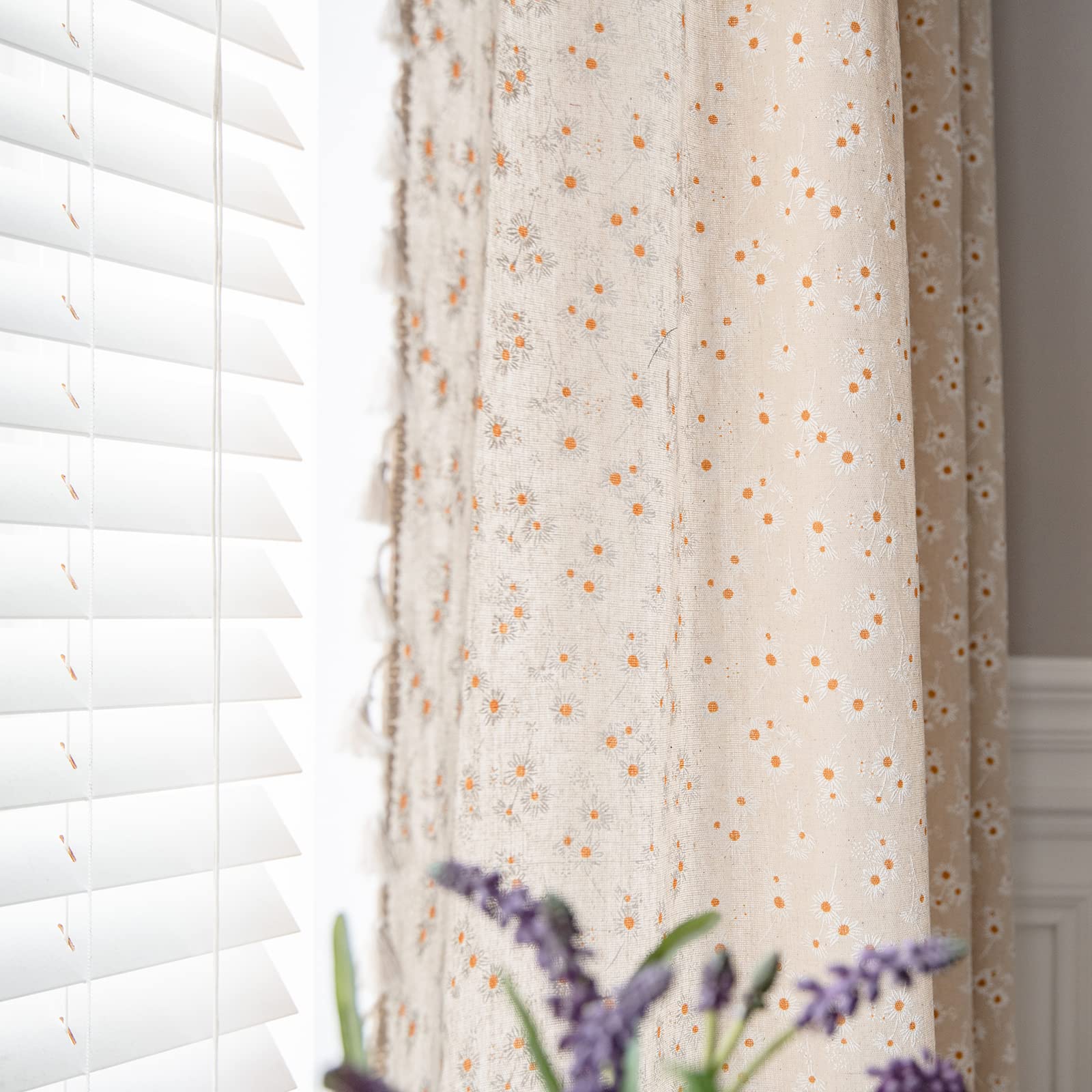 Green Boho Floral Curtains 84", 2 Panels Cotton Linen Semi-Blackout Drapes with Tassel