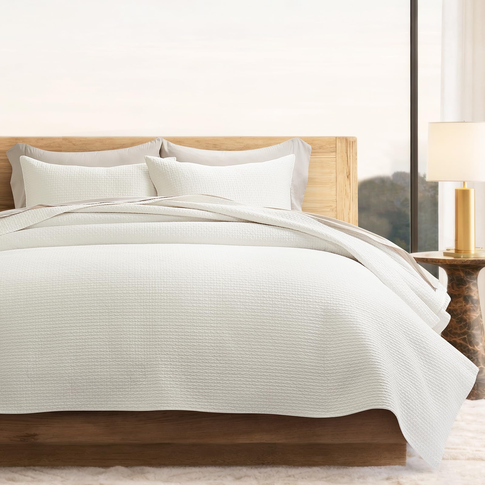EVERGRACE Cotton Sateen Pick-Stitch Quilt Set Queen Size – 100% Cotton Coverlet Bedding, Pre-Washed Oversized Bedspread, Breathable All-Season Quilt Set with 2 Shams, Stone Taupe