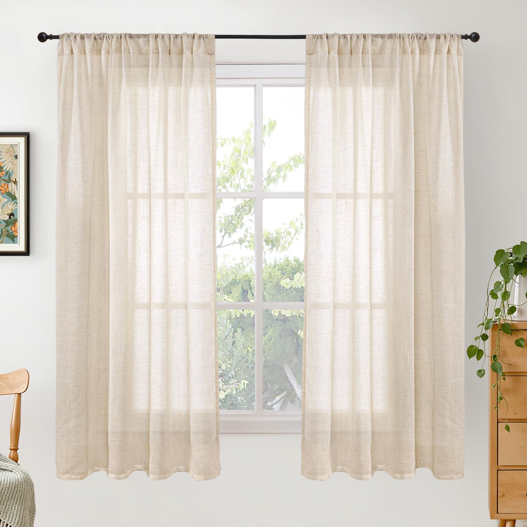 BGment 80 Inches Long Natural Linen Curtains 2 Panels Set - Burlap Light Filtering Window Drapes with Rod Pocket Semi Sheer for Farmhouse Bedroom Decor Rustic, 52 Inch Wide Each Panel