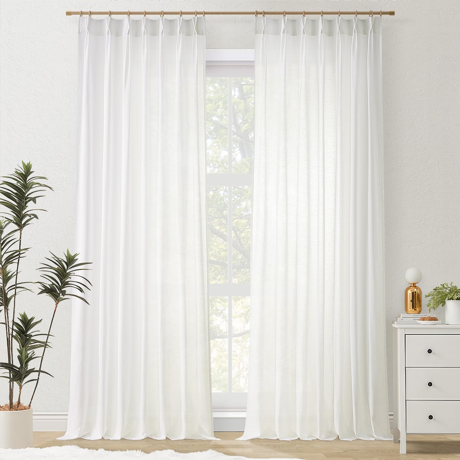 Topfinel 102 Inch Curtains 2 Panels Set,Two Packs Pinch Pleat Back Tab Linen Window Semi Sheer Privacy Thick Decorative Curtain Drapes for Living Room Bedroom,40x102 in Long,Ivory/Off White