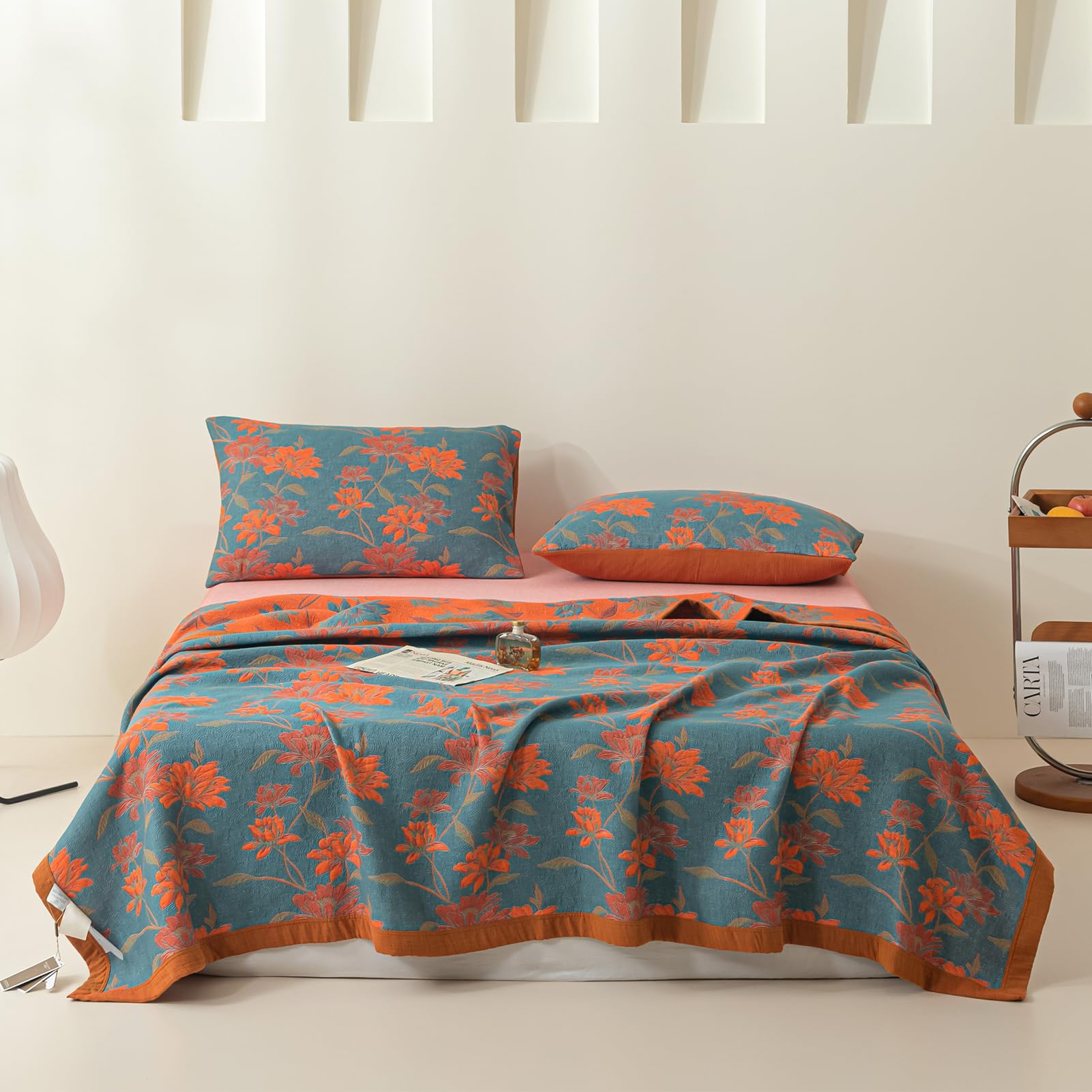 King Size 100% Cotton Floral Ginkgo Jacquard Quilt, 3-Layer Reversible Lightweight Bedspread 98"x94"