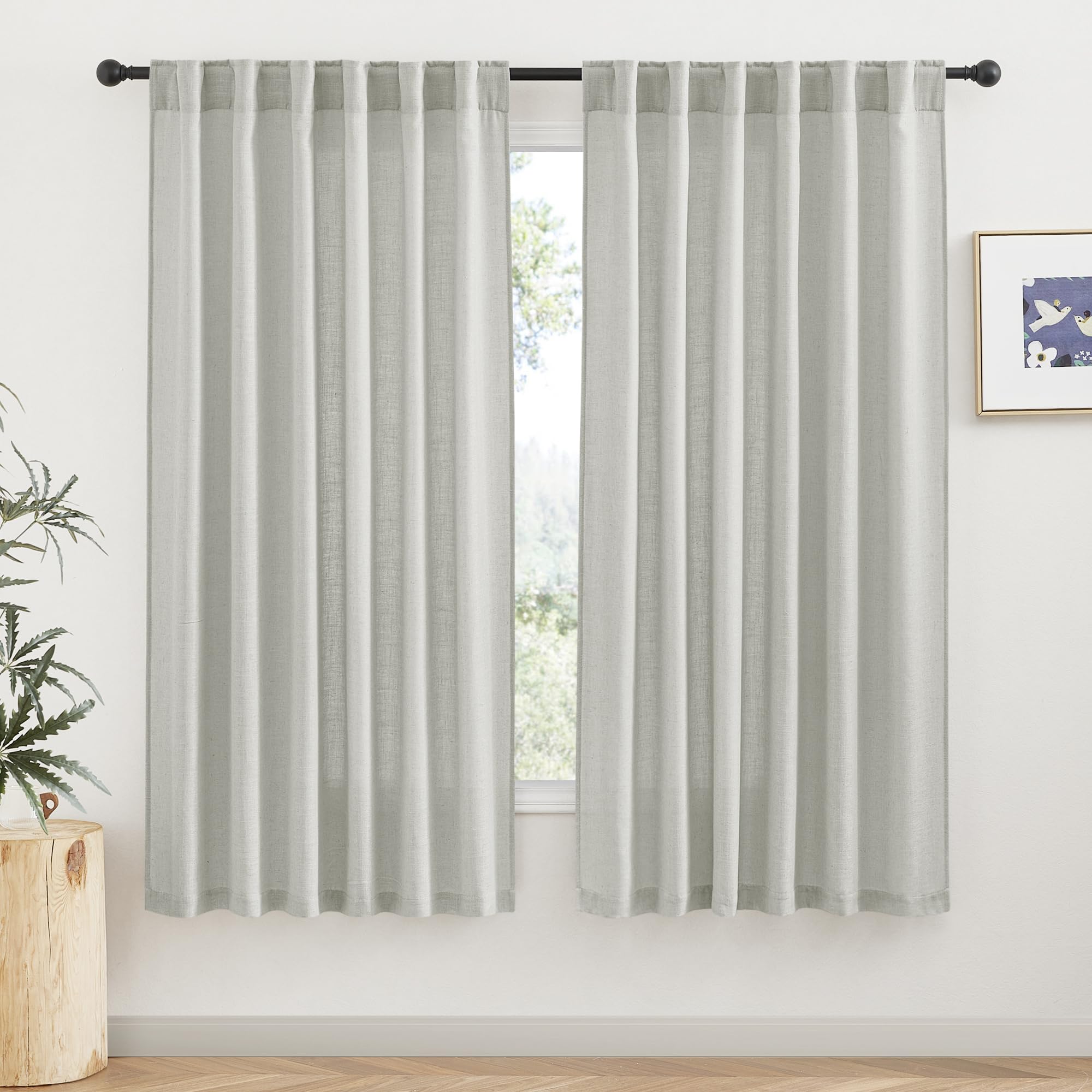 RYB HOME Semi Sheer Curtains - Linen Blend Privacy Curtains Sheer Window Treatment Drapes Farmhouse Decor for Bedroom Living Room Sliding Glass Door, 52 inch Wide x 95 inch Long 2 Panels, Linen