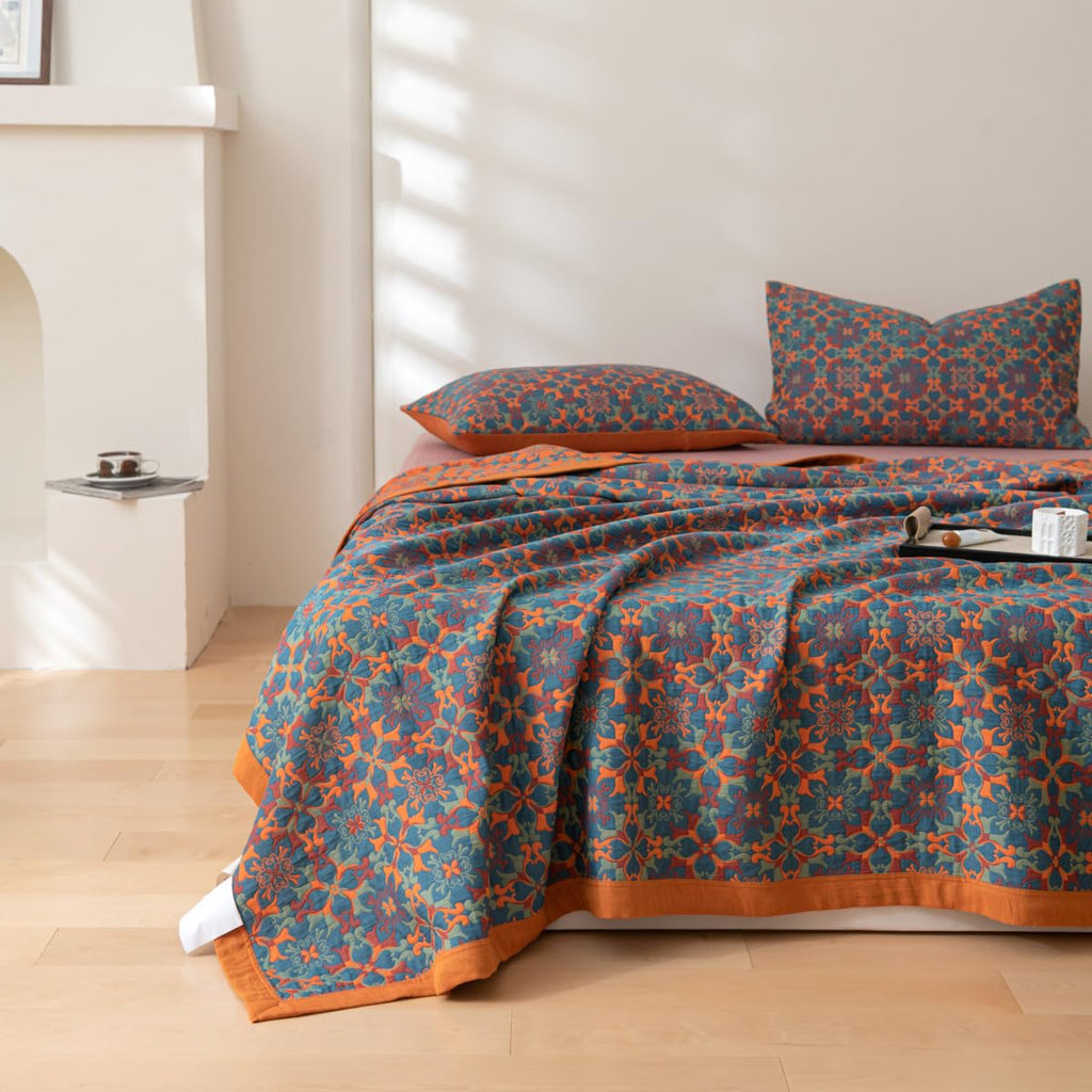 King Size 100% Cotton Floral Ginkgo Jacquard Quilt, 3-Layer Reversible Lightweight Bedspread 98"x94"