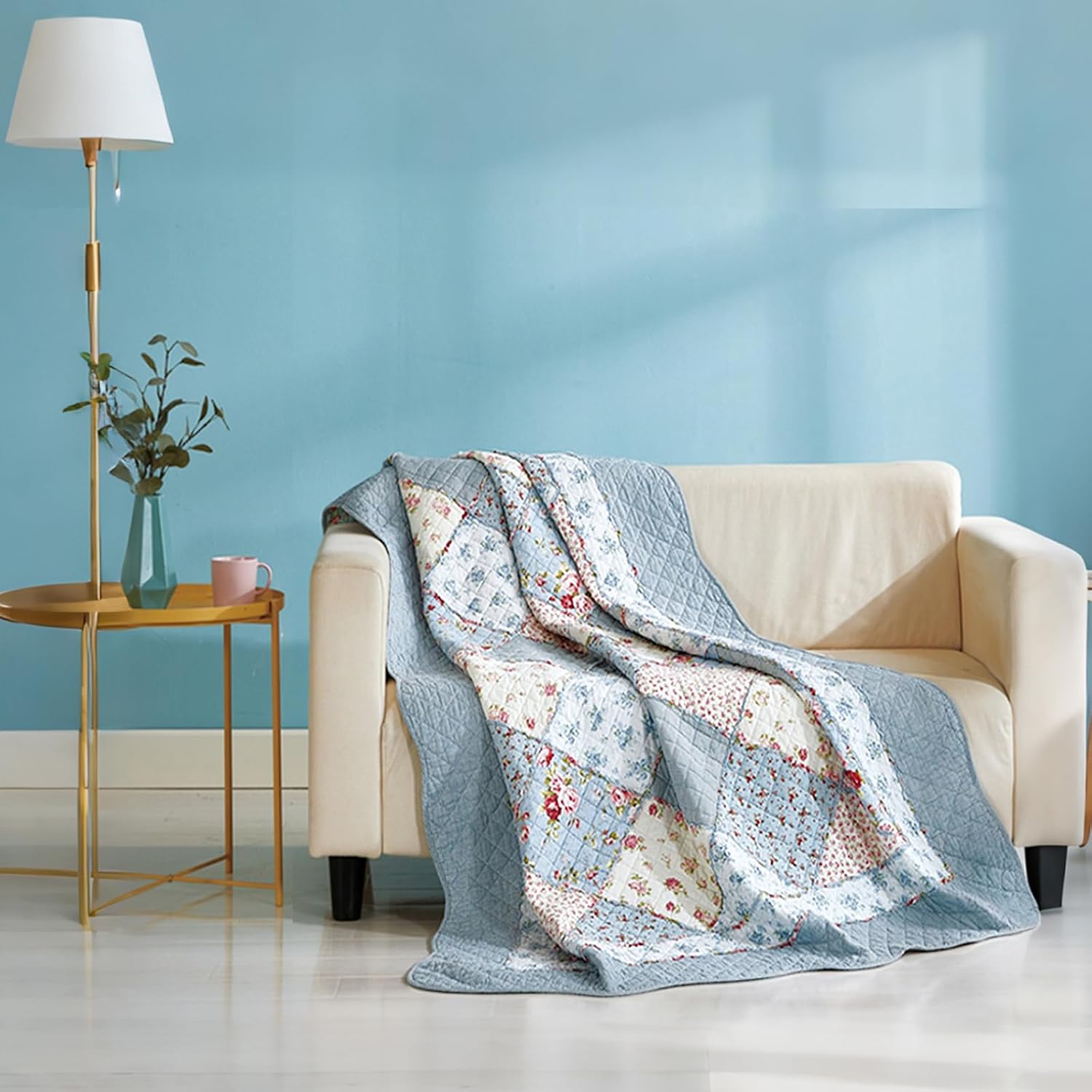 Cozyholy Original 100% Cotton Quilt Full Queen Size Blue Floral Patchwork Quilt, Lightweight Reversible Bedspread Quilted Throw Blanket, Vintage Shabby Chic Cottage Bedding Coverlet for Bed Couch Sofa