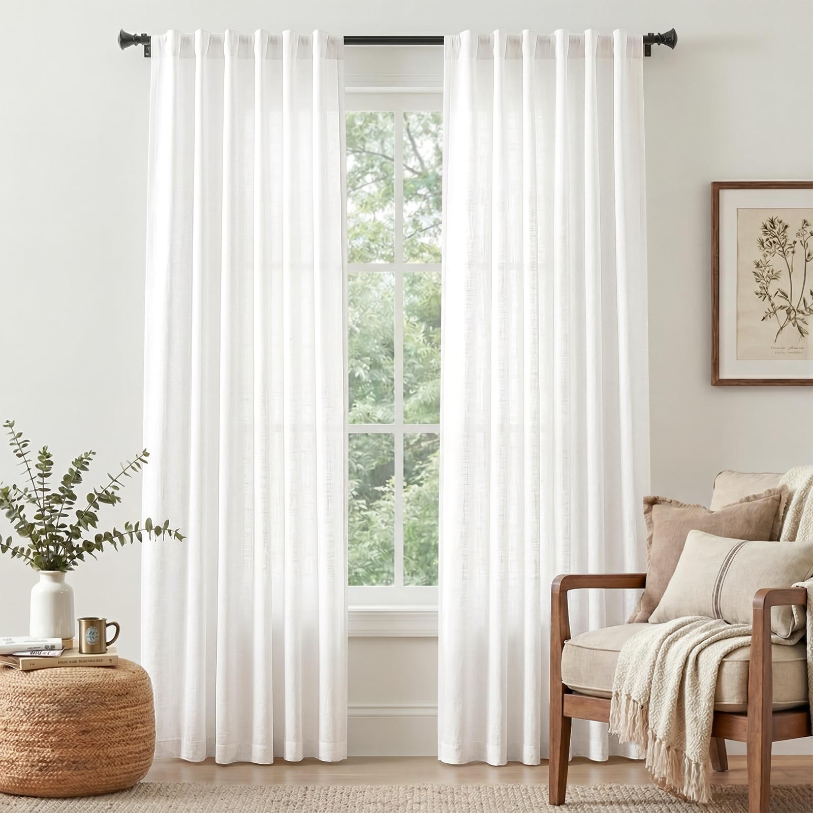 Linen Curtains for Living Room Bedroom 84 Inches Long Thick Linen Textured Beige Curtains Light Filtering Natural Semi Sheer Farmhouse Window Drapes, Country Rustic Drapes 2 Panels Back Tab/Rod Pocket