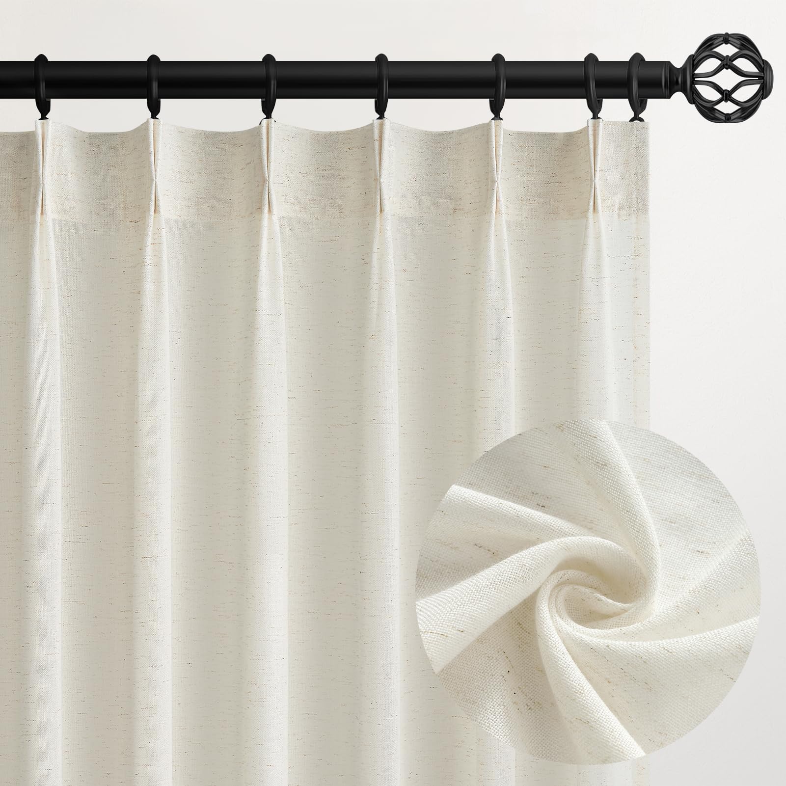 Topfinel 102 Inch Curtains 2 Panels Set,Two Packs Pinch Pleat Back Tab Linen Window Semi Sheer Privacy Thick Decorative Curtain Drapes for Living Room Bedroom,40x102 in Long,Ivory/Off White