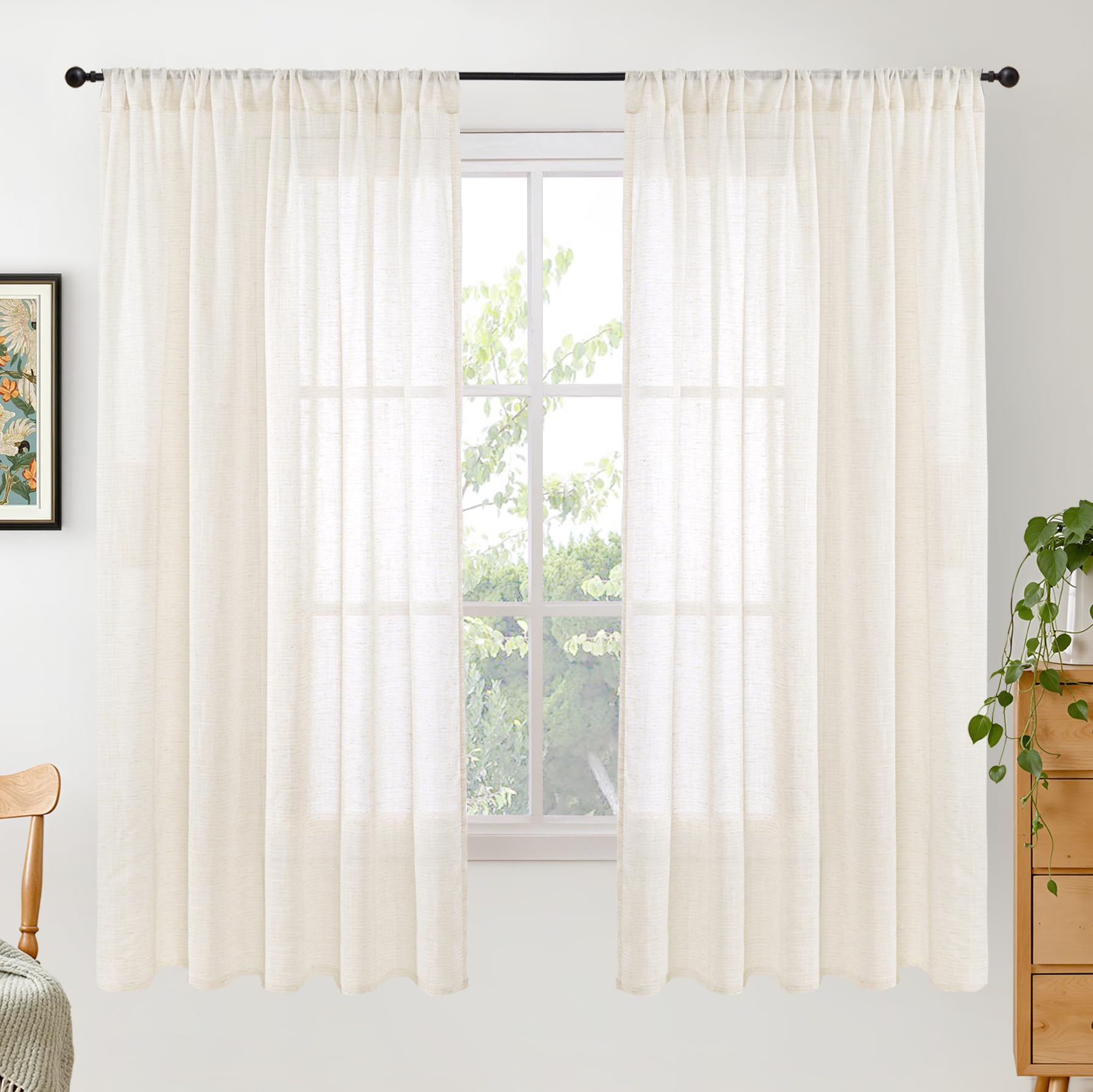 BGment 80 Inches Long Natural Linen Curtains 2 Panels Set - Burlap Light Filtering Window Drapes with Rod Pocket Semi Sheer for Farmhouse Bedroom Decor Rustic, 52 Inch Wide Each Panel