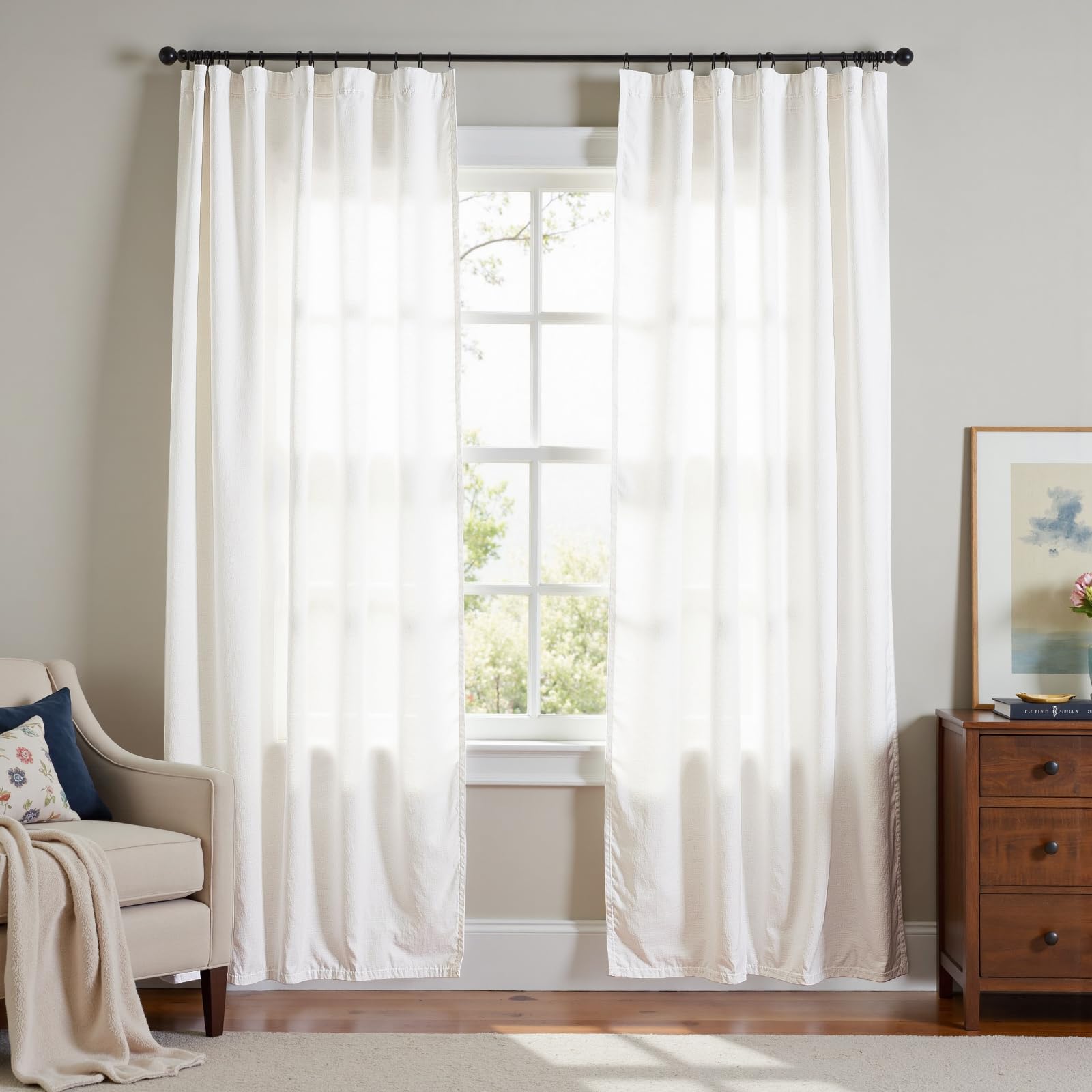 Linen Curtains for Living Room Bedroom 84 Inches Long Thick Linen Textured Beige Curtains Light Filtering Natural Semi Sheer Farmhouse Window Drapes, Country Rustic Drapes 2 Panels Back Tab/Rod Pocket