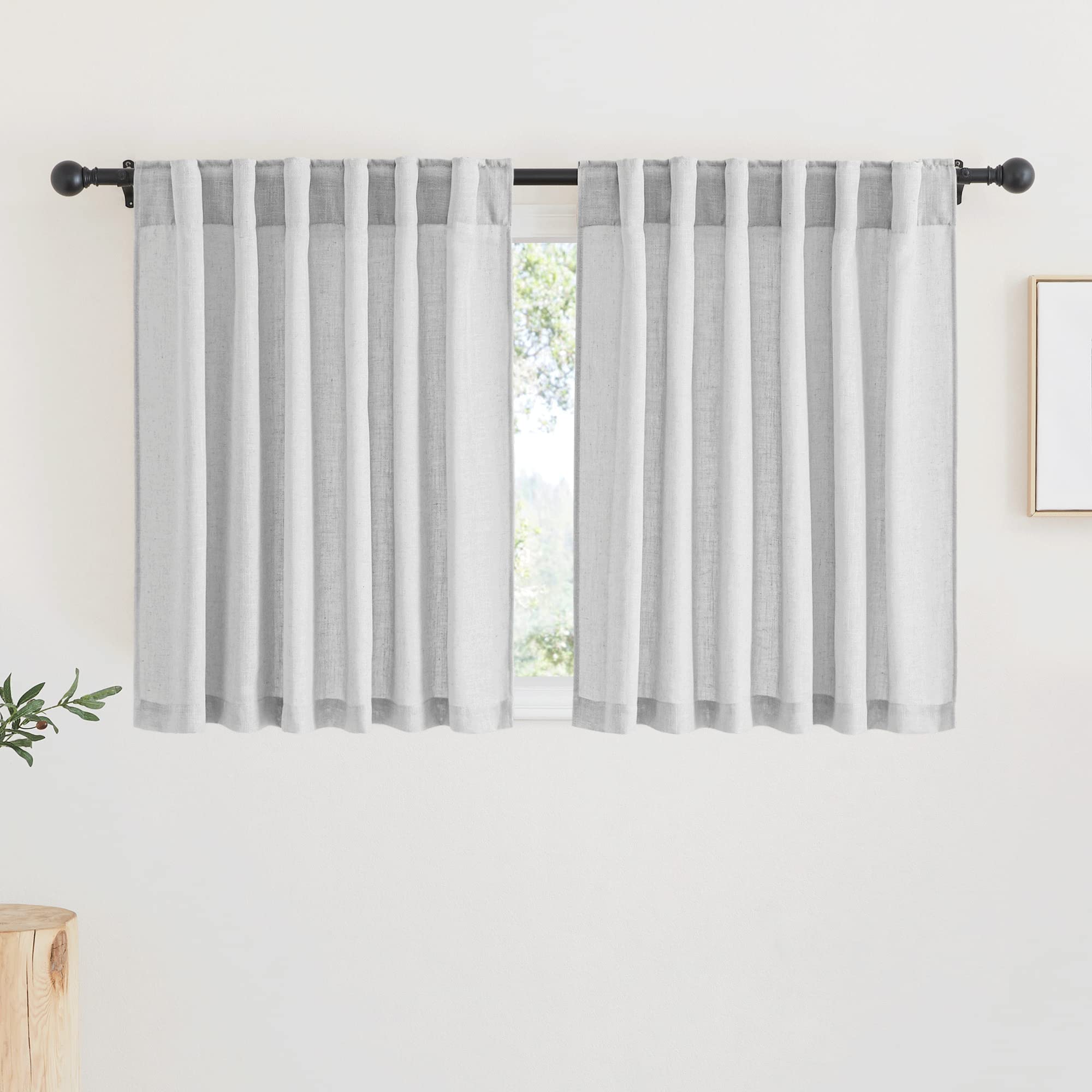 RYB HOME Semi Sheer Curtains - Linen Blend Privacy Curtains Sheer Window Treatment Drapes Farmhouse Decor for Bedroom Living Room Sliding Glass Door, 52 inch Wide x 95 inch Long 2 Panels, Linen