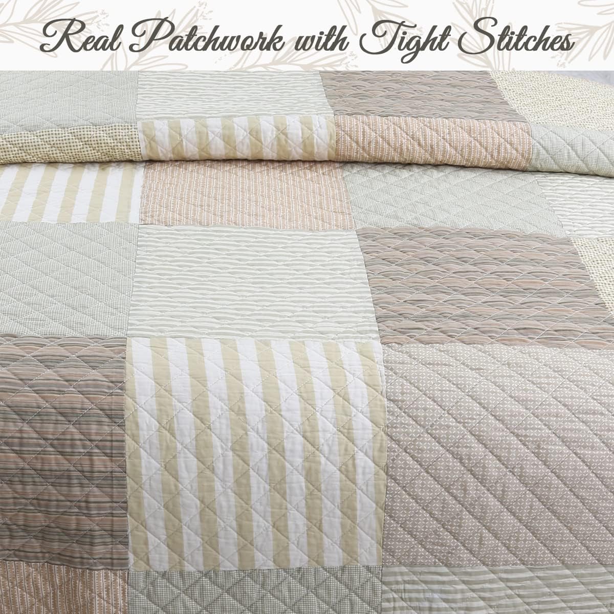 Cozy Line Home Fashions 100% Cotton Reversible Quilt Bedding Set, Classic Taupe Tan Striped Patchwork All-Season Coverlet Bedspread (Winter Plains, Queen-3 Piece)