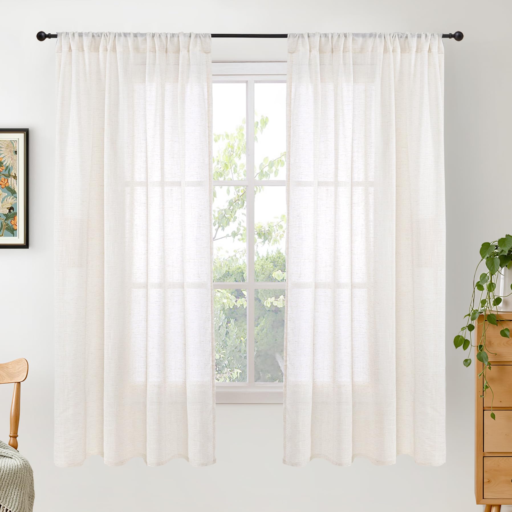 BGment 80 Inches Long Natural Linen Curtains 2 Panels Set - Burlap Light Filtering Window Drapes with Rod Pocket Semi Sheer for Farmhouse Bedroom Decor Rustic, 52 Inch Wide Each Panel