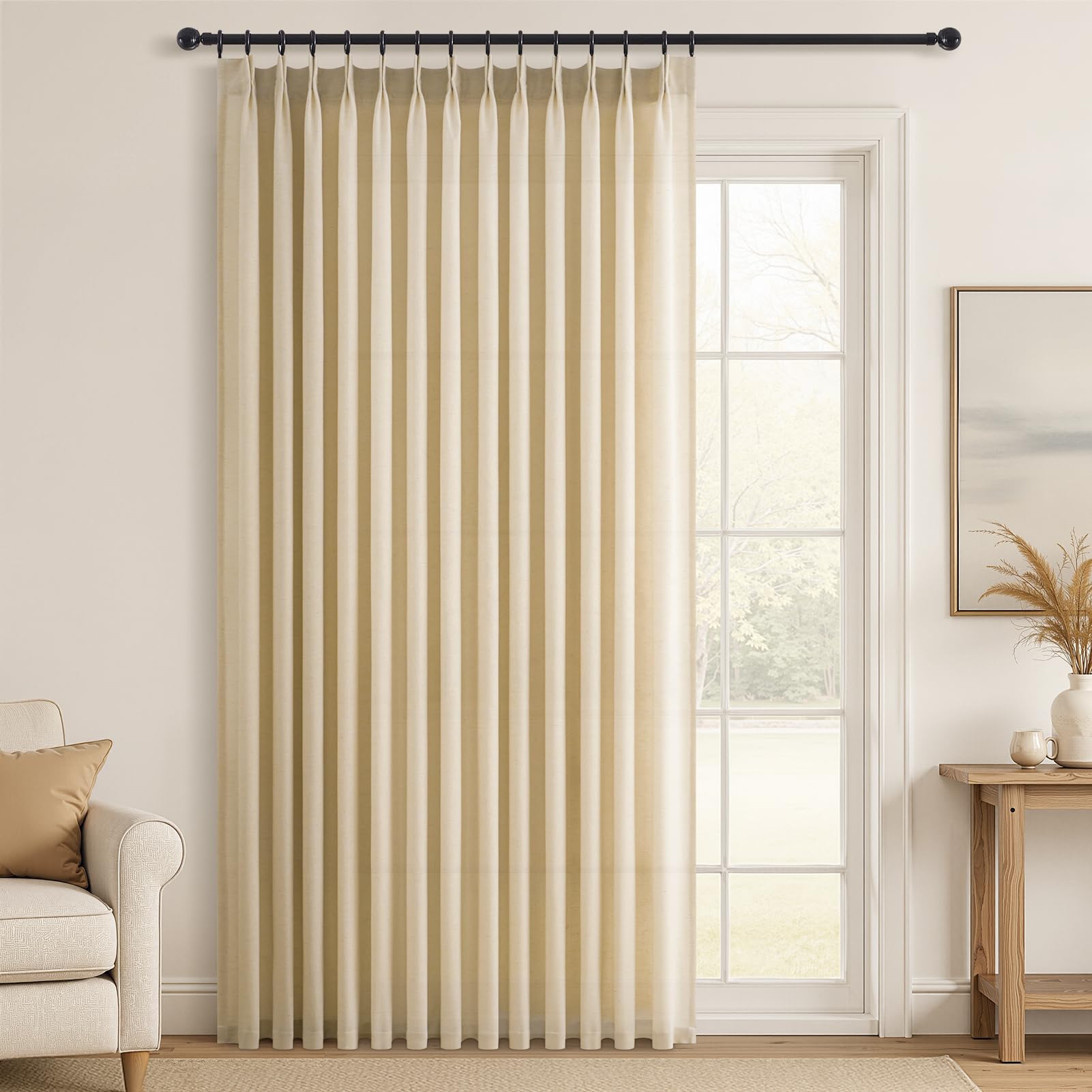 Topfinel 102 Inch Curtains 2 Panels Set,Two Packs Pinch Pleat Back Tab Linen Window Semi Sheer Privacy Thick Decorative Curtain Drapes for Living Room Bedroom,40x102 in Long,Ivory/Off White