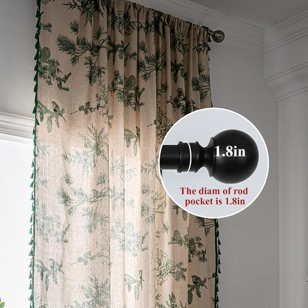 Green Boho Floral Curtains 84", 2 Panels Cotton Linen Semi-Blackout Drapes with Tassel