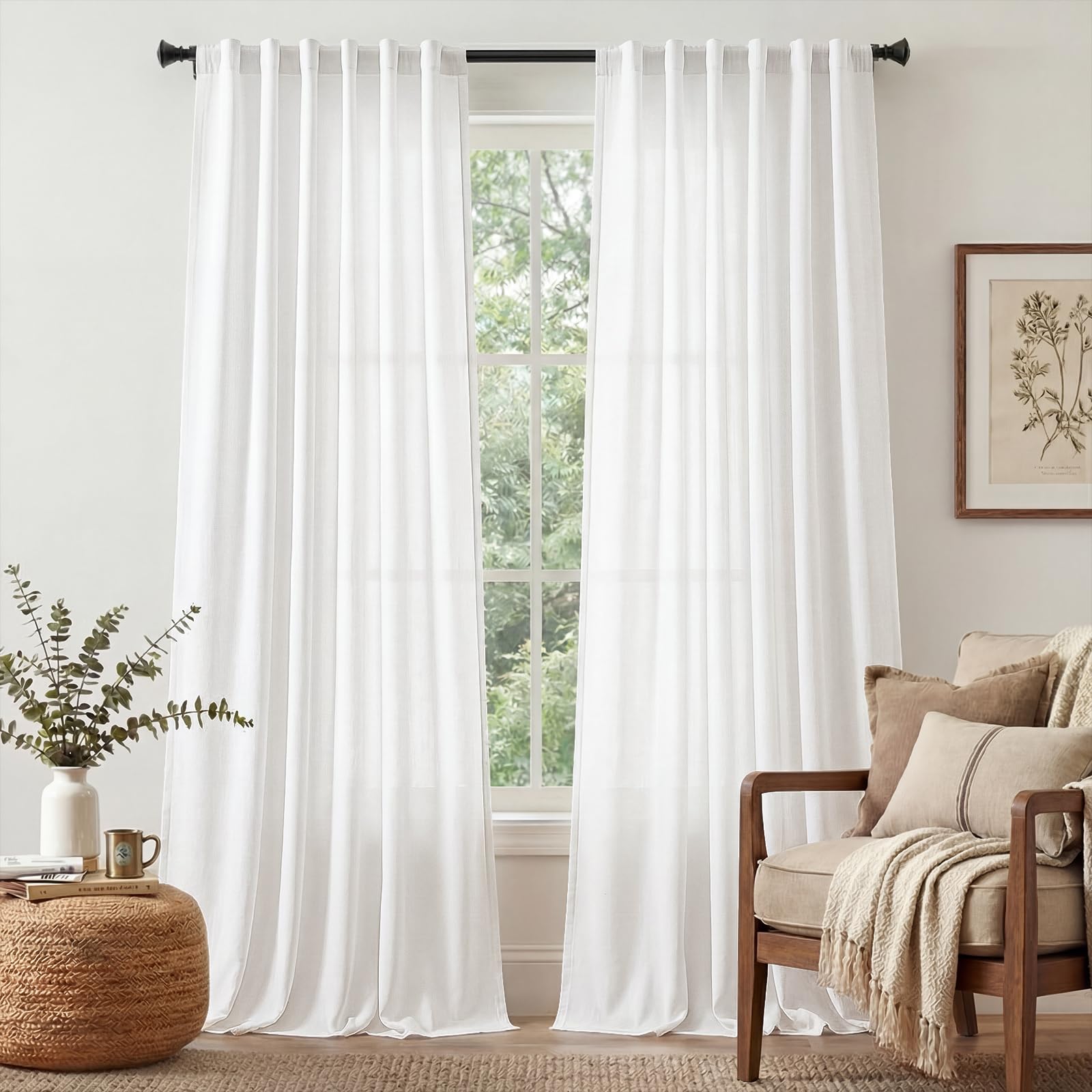 Linen Curtains for Living Room Bedroom 84 Inches Long Thick Linen Textured Beige Curtains Light Filtering Natural Semi Sheer Farmhouse Window Drapes, Country Rustic Drapes 2 Panels Back Tab/Rod Pocket