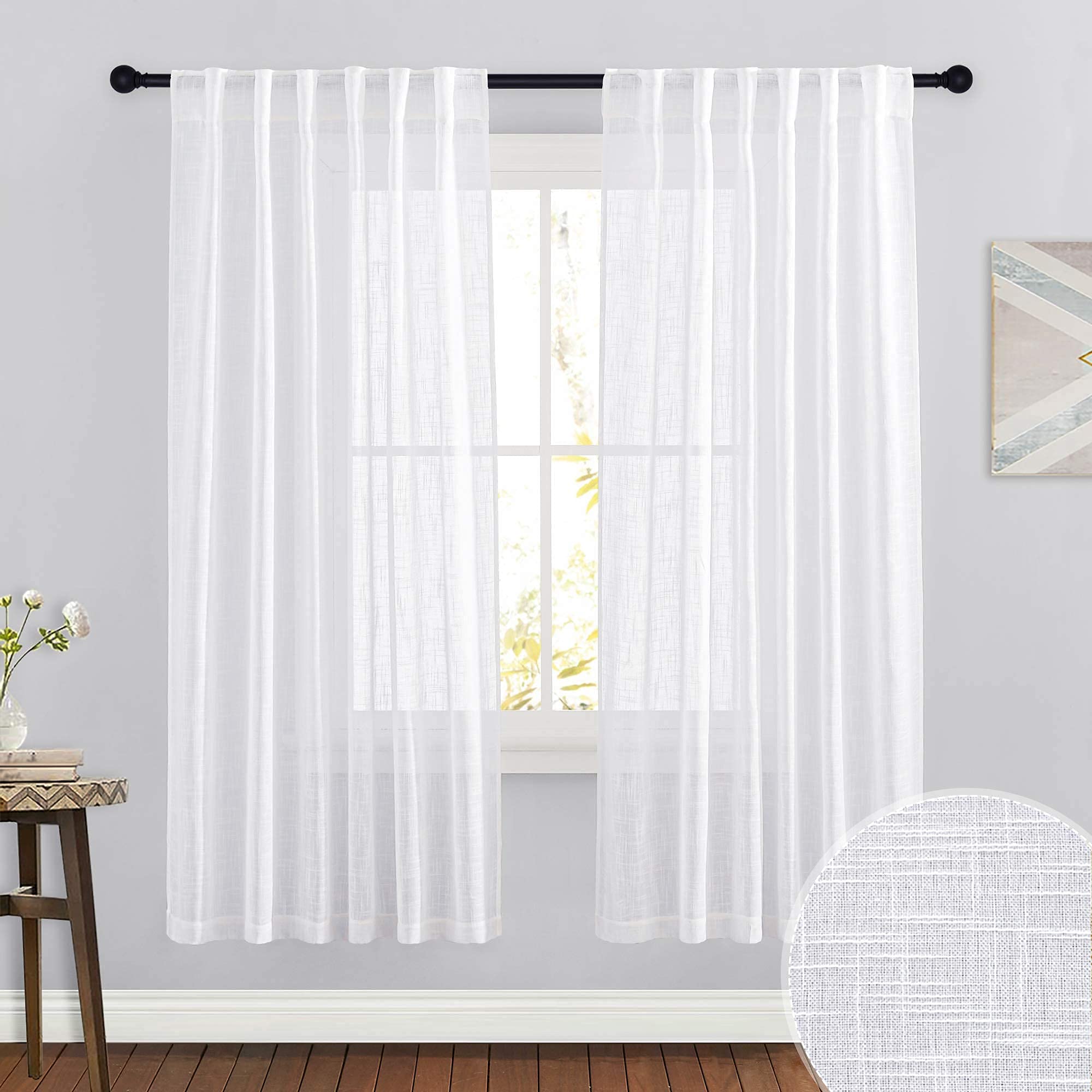 RYB HOME Semi Sheer Curtains - Linen Blend Privacy Curtains Sheer Window Treatment Drapes Farmhouse Decor for Bedroom Living Room Sliding Glass Door, 52 inch Wide x 95 inch Long 2 Panels, Linen
