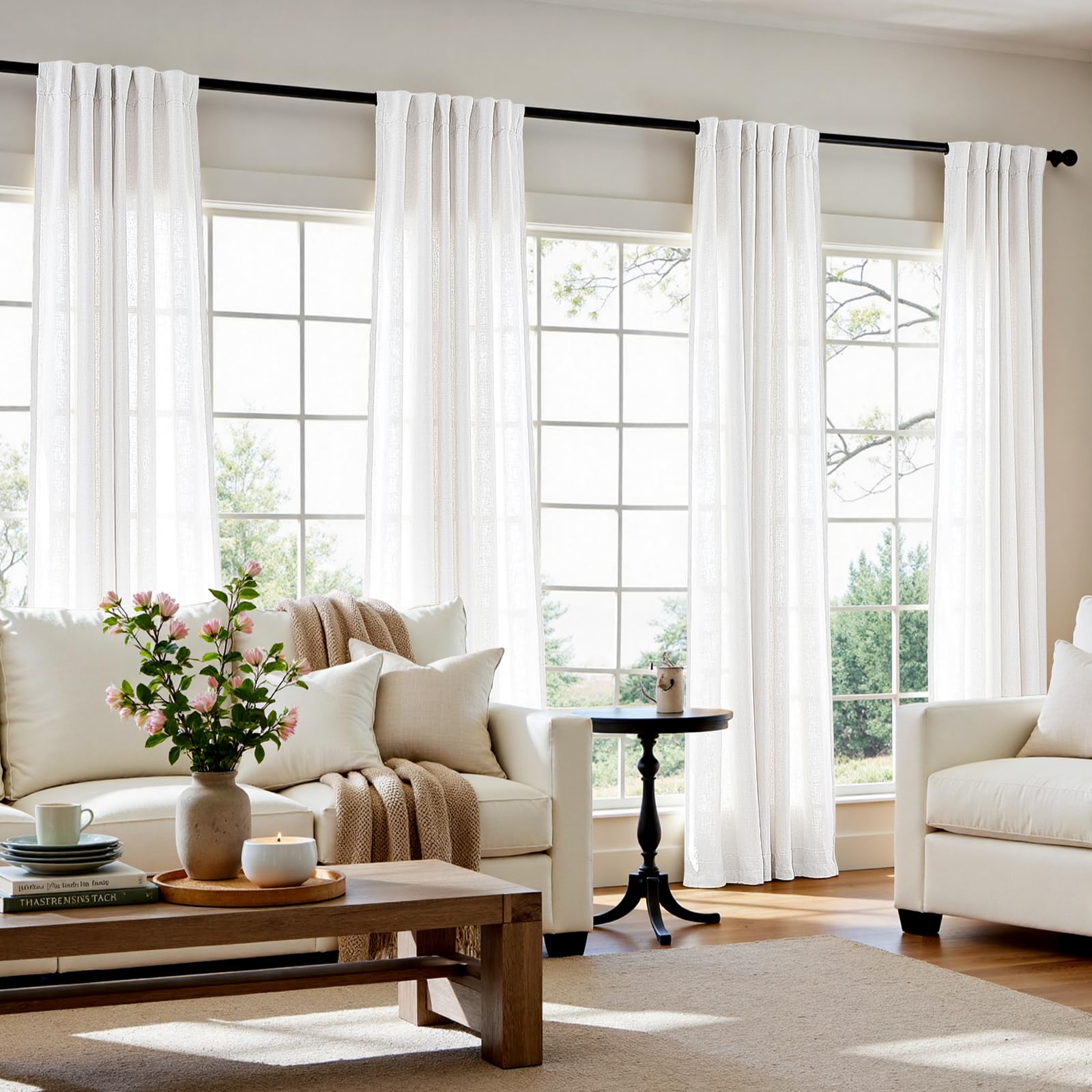 Linen Curtains for Living Room Bedroom 84 Inches Long Thick Linen Textured Beige Curtains Light Filtering Natural Semi Sheer Farmhouse Window Drapes, Country Rustic Drapes 2 Panels Back Tab/Rod Pocket