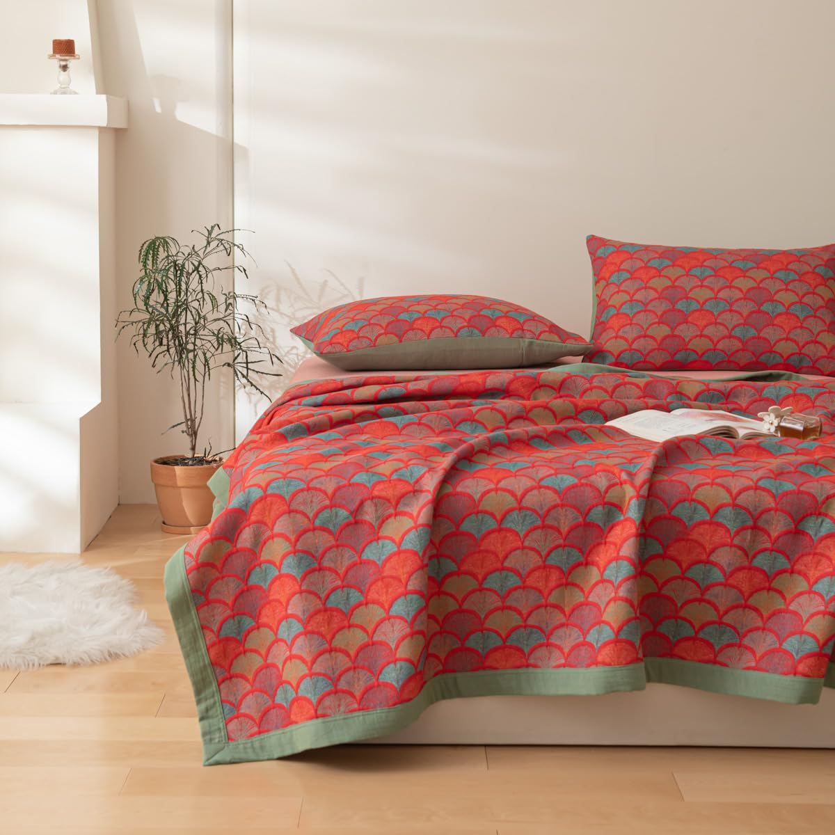King Size 100% Cotton Floral Ginkgo Jacquard Quilt, 3-Layer Reversible Lightweight Bedspread 98"x94"