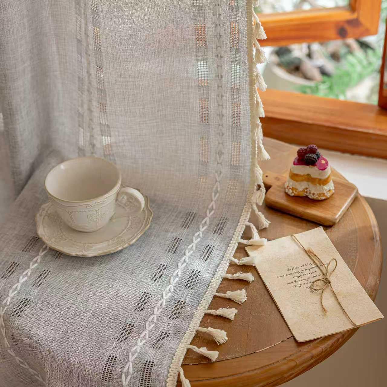 Blue Boho Sheer Curtains 72 inches Long 2 Panels for Bedroom, Light filtering Semi Sheer Bohemian French Country Privacy Tassels Vintage Chic Embroidery Stripes Window Curtains Back Tab, 50" W