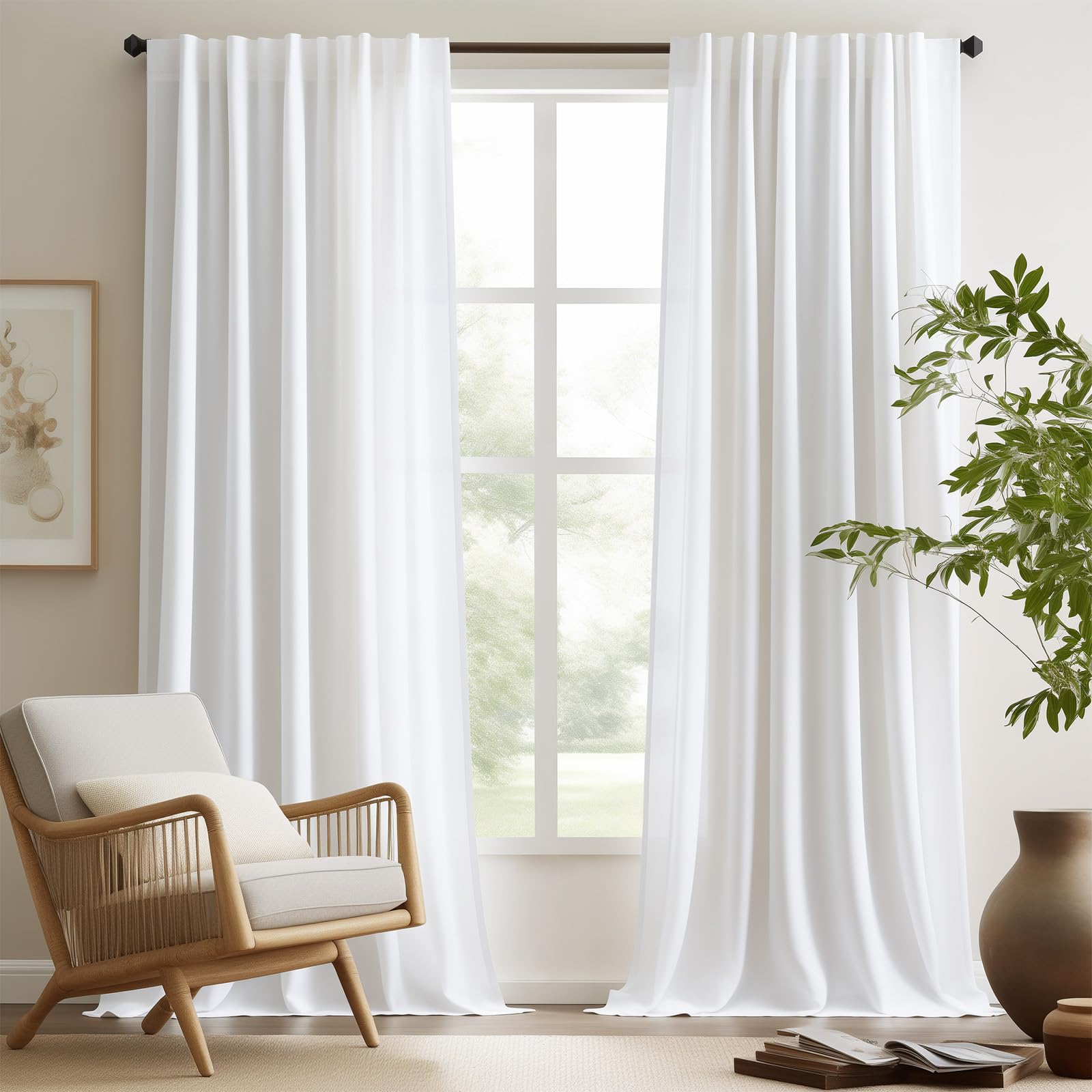 Linen Curtains for Living Room Bedroom 84 Inches Long Thick Linen Textured Beige Curtains Light Filtering Natural Semi Sheer Farmhouse Window Drapes, Country Rustic Drapes 2 Panels Back Tab/Rod Pocket