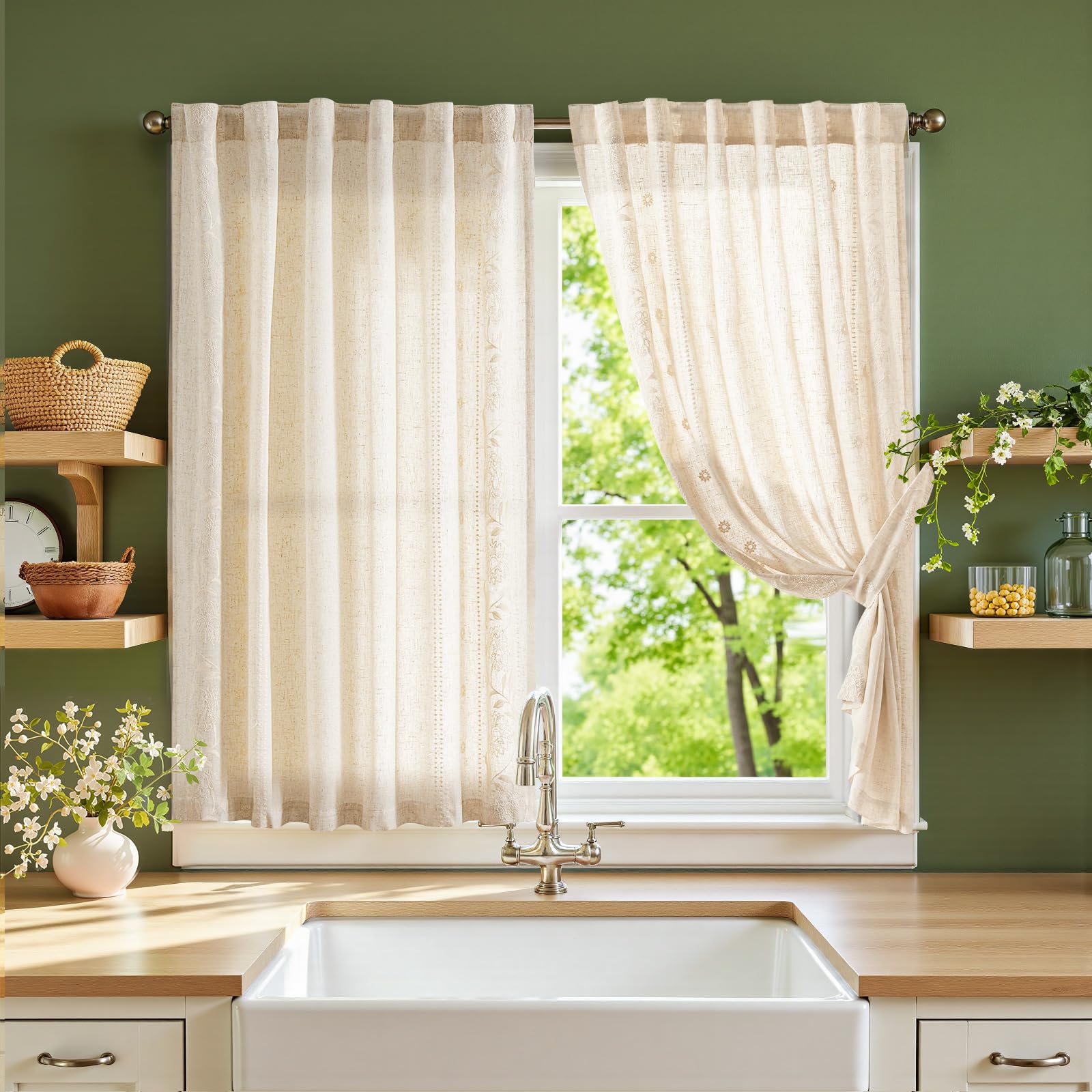 jinchan Winslow Linen Curtains for Bedroom 84 Inches Length Embroidered Bordered Floral Curtains for Living Room Farmhouse Decor Light Filtering Window Treatments Blue on Beige Drapes 2 Panels