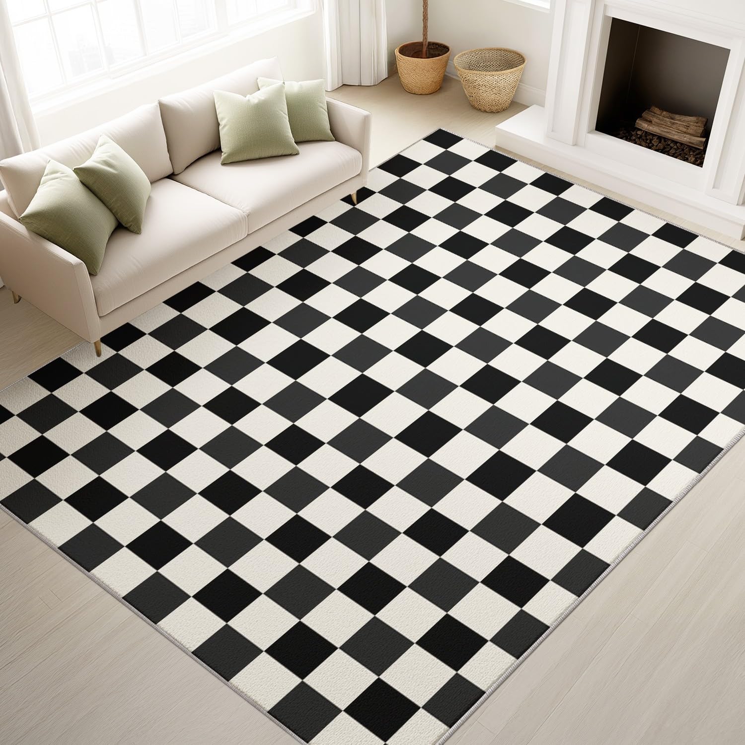 Nordic Black White Checkered Rug 4×6ft, Foldable Washable Indoor Floor Mat
