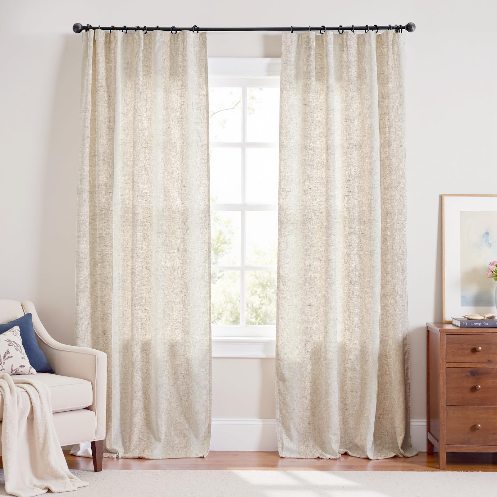 Linen Curtains for Living Room Bedroom 84 Inches Long Thick Linen Textured Beige Curtains Light Filtering Natural Semi Sheer Farmhouse Window Drapes, Country Rustic Drapes 2 Panels Back Tab/Rod Pocket