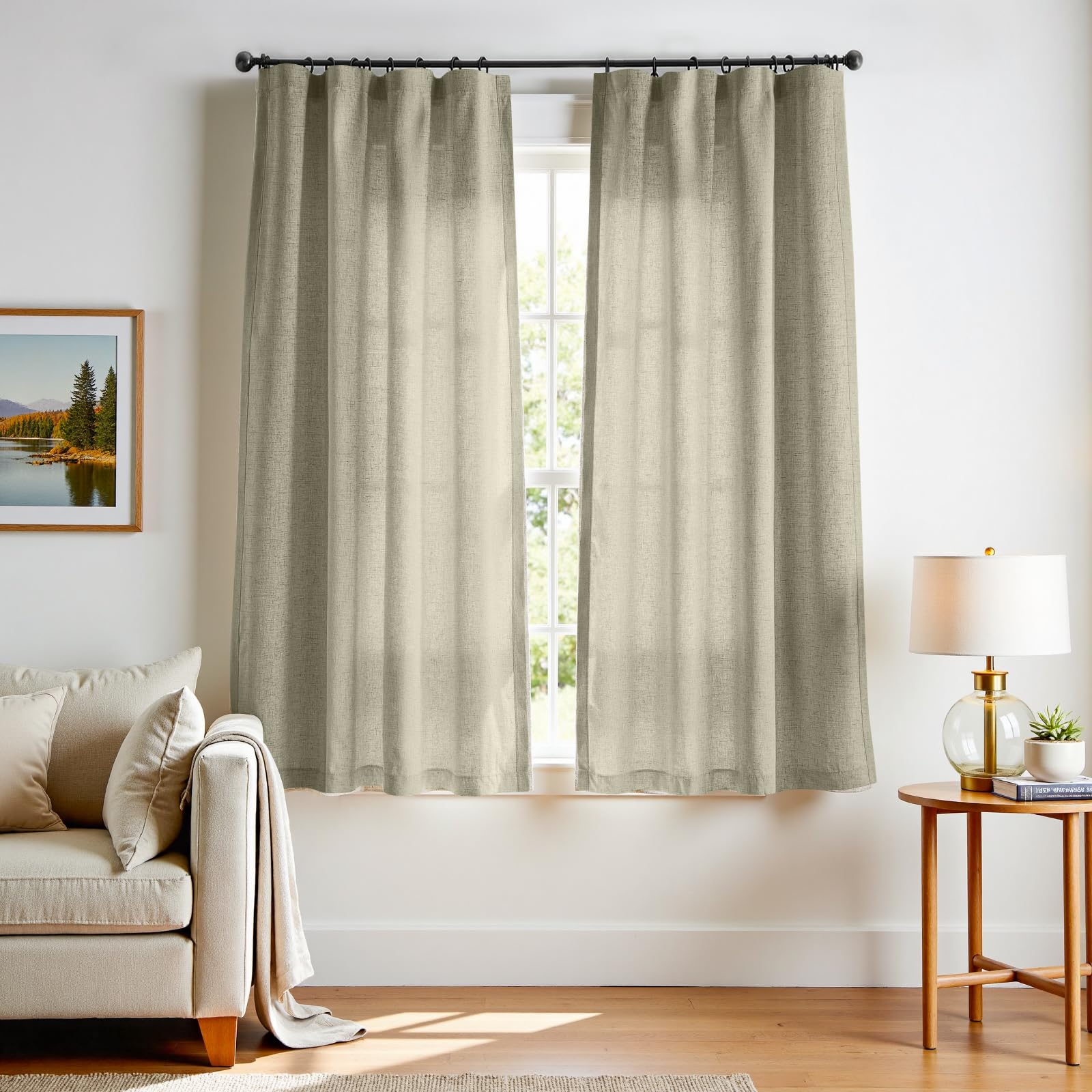 Linen Curtains for Living Room Bedroom 84 Inches Long Thick Linen Textured Beige Curtains Light Filtering Natural Semi Sheer Farmhouse Window Drapes, Country Rustic Drapes 2 Panels Back Tab/Rod Pocket