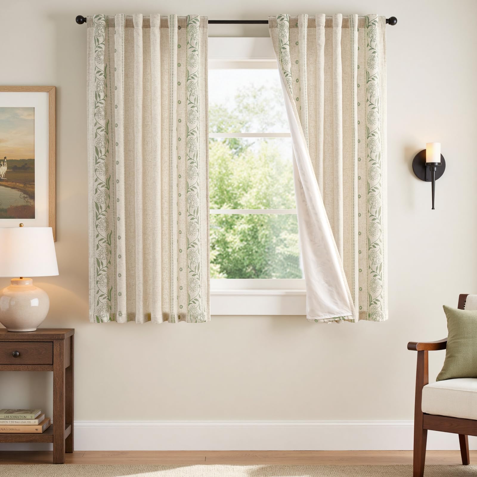 jinchan Winslow Linen Curtains for Bedroom 84 Inches Length Embroidered Bordered Floral Curtains for Living Room Farmhouse Decor Light Filtering Window Treatments Blue on Beige Drapes 2 Panels