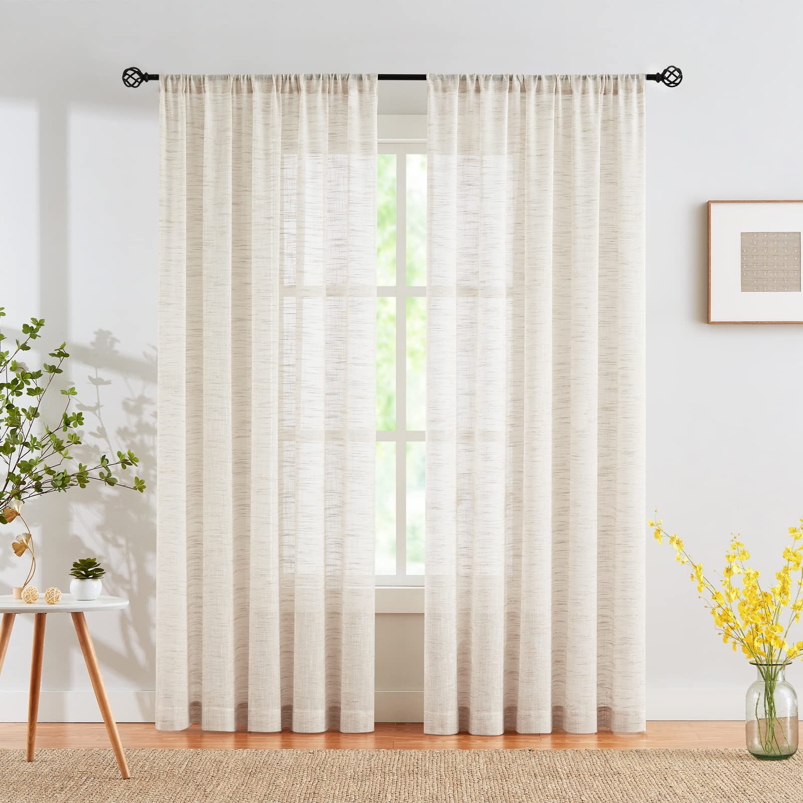 Semi Sheer Curtains for Living Room 95 inch Length Natural Linen Semi Sheer Curtain Drapes for Bedroom Light Filtering Farmhouse Country Rustic Window Curtains 52"w 2 Panels Rod Pocket Beige