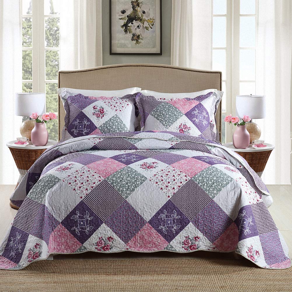 NEWLAKE Quilt Set Queen Size, 100% Cotton Patchwork Green Bohemian Quilt Sets, Reversible Bedspread Lightweight and Breathable for All Seasons, Soft Quilted Bedspread with 2 Pillow Shams