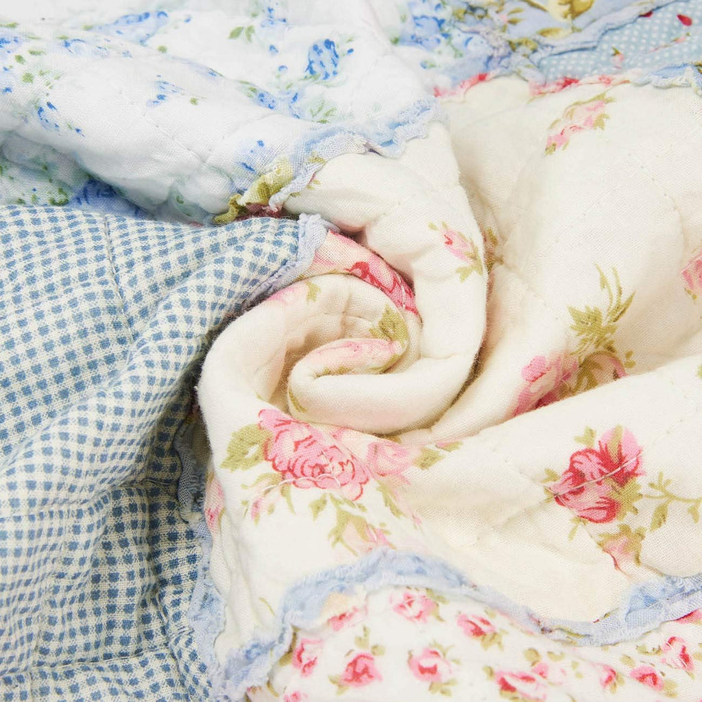 Cozyholy Original 100% Cotton Quilt Full Queen Size Blue Floral Patchwork Quilt, Lightweight Reversible Bedspread Quilted Throw Blanket, Vintage Shabby Chic Cottage Bedding Coverlet for Bed Couch Sofa