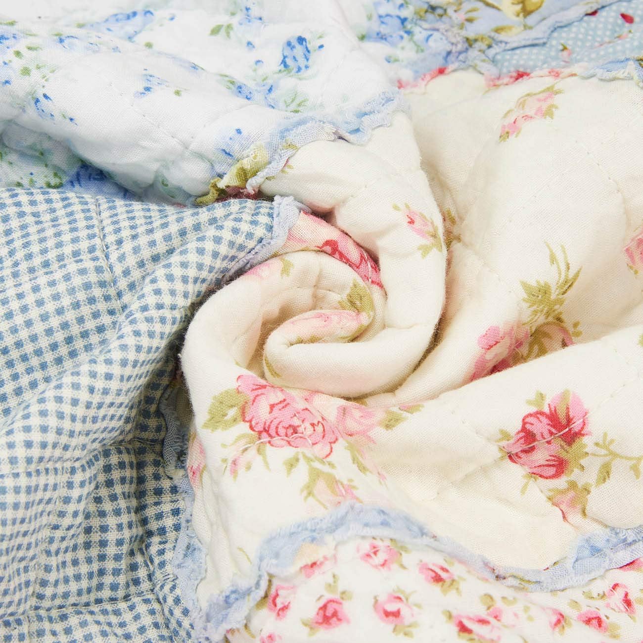 Cozyholy Original 100% Cotton Quilt Full Queen Size Blue Floral Patchwork Quilt, Lightweight Reversible Bedspread Quilted Throw Blanket, Vintage Shabby Chic Cottage Bedding Coverlet for Bed Couch Sofa