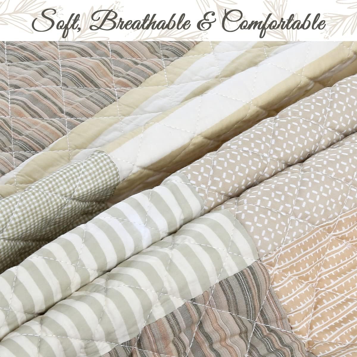 Cozy Line Home Fashions 100% Cotton Reversible Quilt Bedding Set, Classic Taupe Tan Striped Patchwork All-Season Coverlet Bedspread (Winter Plains, Queen-3 Piece)