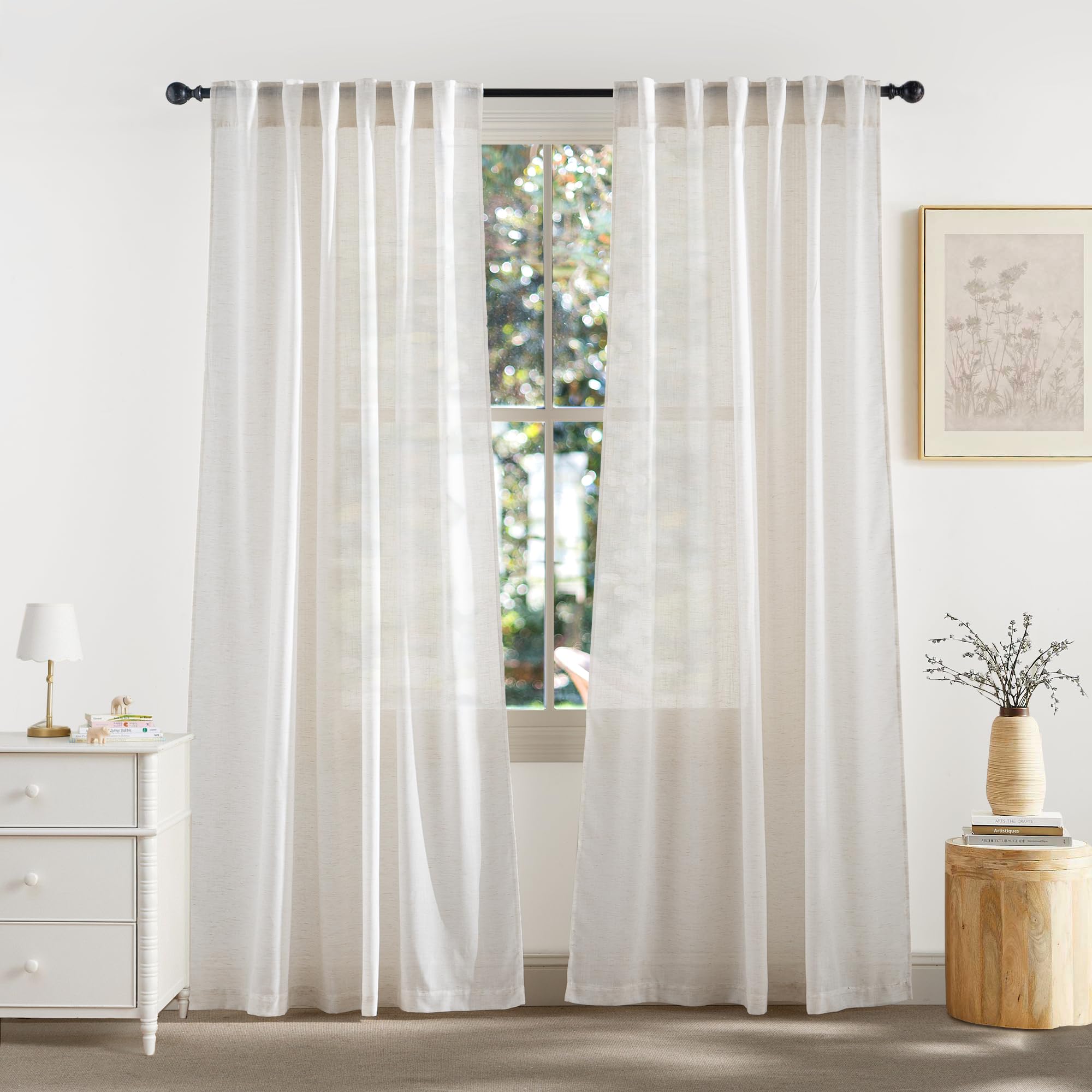 RYB HOME Semi Sheer Curtains - Linen Blend Privacy Curtains Sheer Window Treatment Drapes Farmhouse Decor for Bedroom Living Room Sliding Glass Door, 52 inch Wide x 95 inch Long 2 Panels, Linen