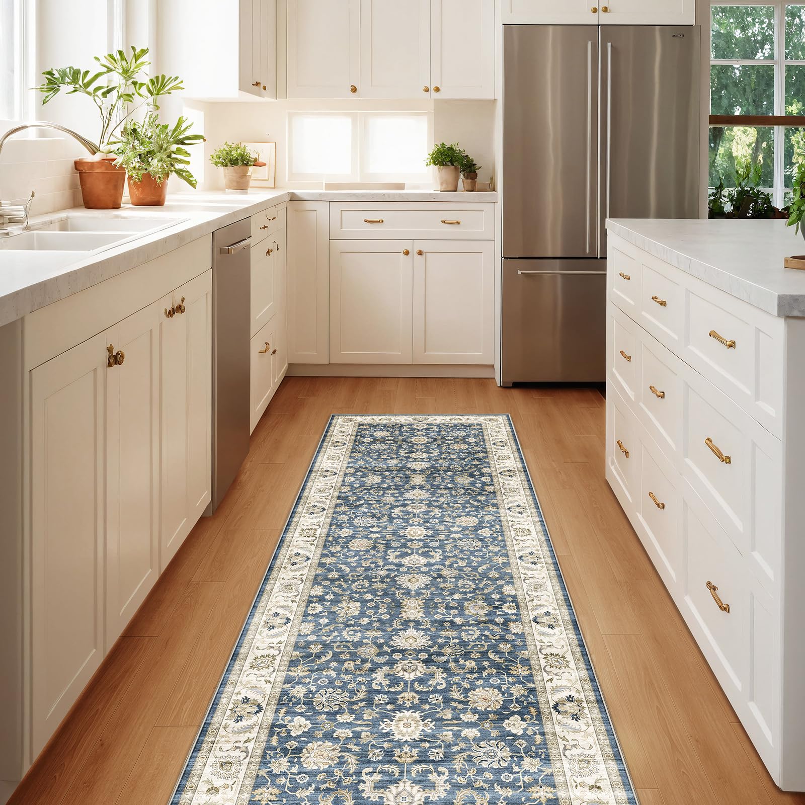 WITSHOCK 10x14 Area Rugs Living Room: Washable Large Neutral Vintage Soft Rug Stain Resistant Non-Slip Farmhouse Indoor Low Pile Floor Carpet for Bedroom Nursery Kids Office- Light Blue