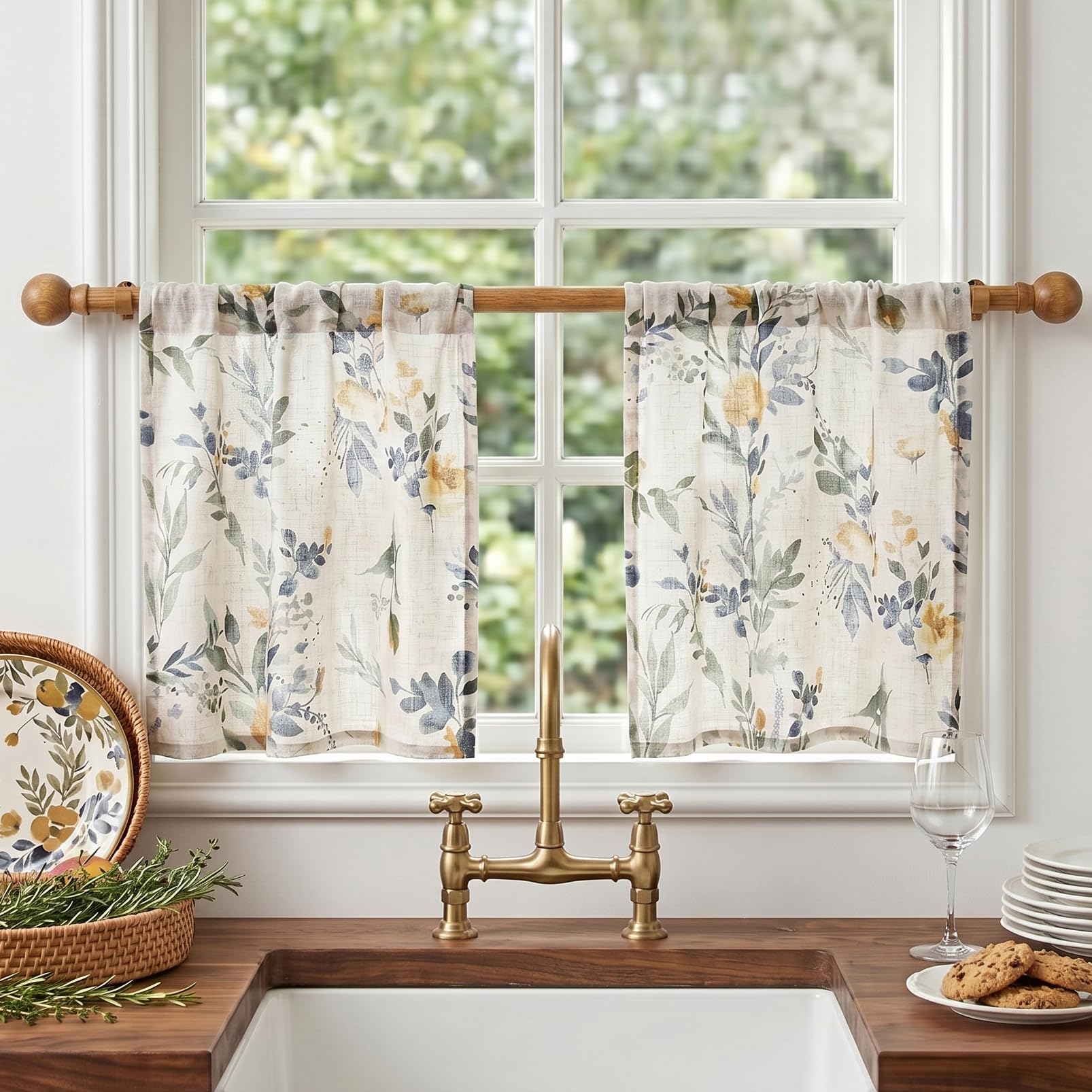 MYSKY HOME Sheer Curtains 84 Inches Long 2 Panels Linen Blended Farmhouse Curtains & Drapes for Living Room Bedroom, Light Filtering Privacy Curtains Floral Printed Classical Home Decor, Navy Blue(2)