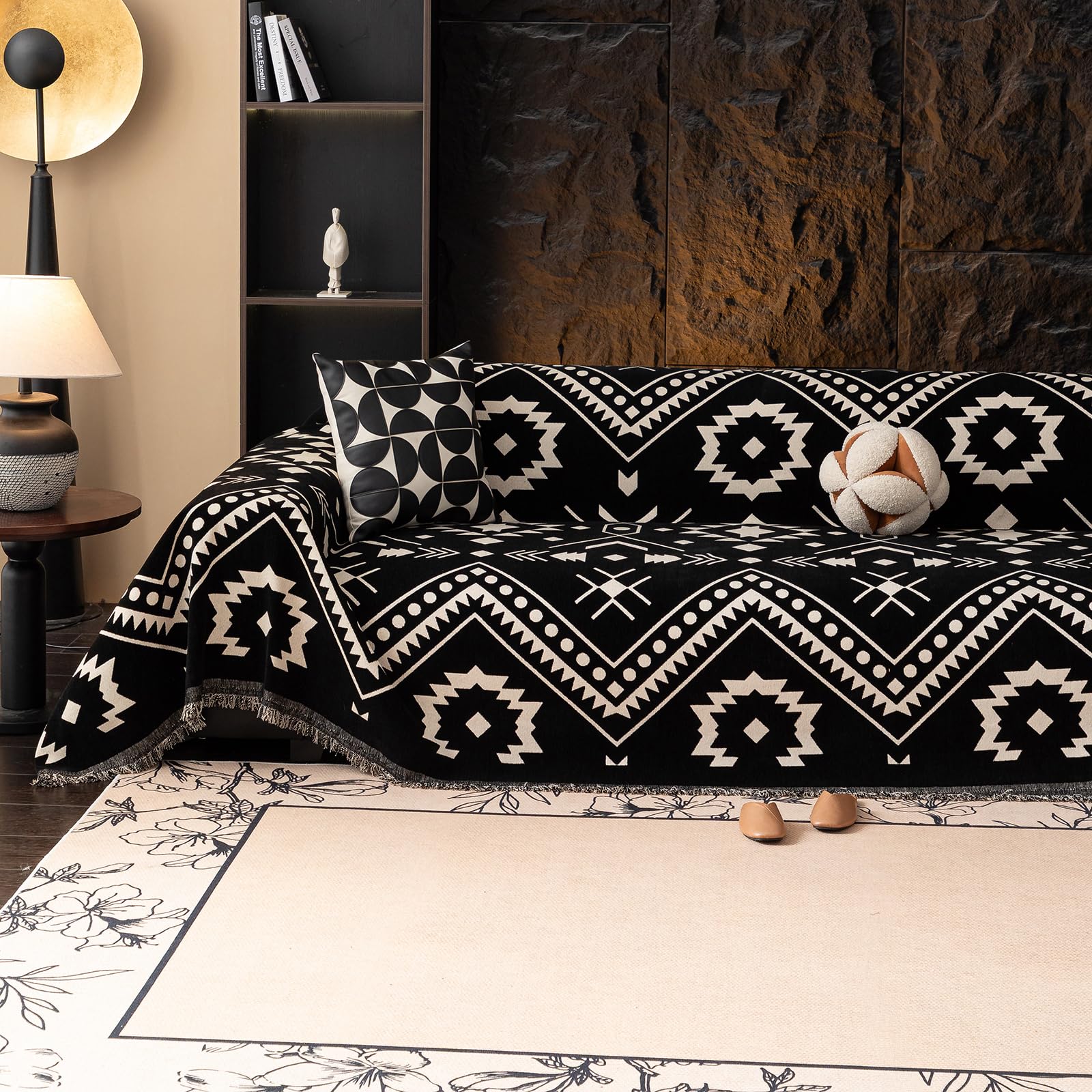 VClife Boho Couch Cover Blue Geometric Jacquard Pattern Sofa Cover, 1 Piece Large Couch Covers for 3 Cushion Couch Sofa Washable Plush Chenille Sofa Protector for Living Room, 71x134 Inch
