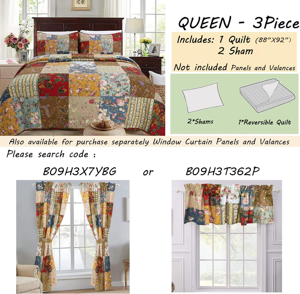 Khaki Red Farmhouse Patchwork Quilt Set, Queen Size 3-Piece Reversible Cotton Bedding