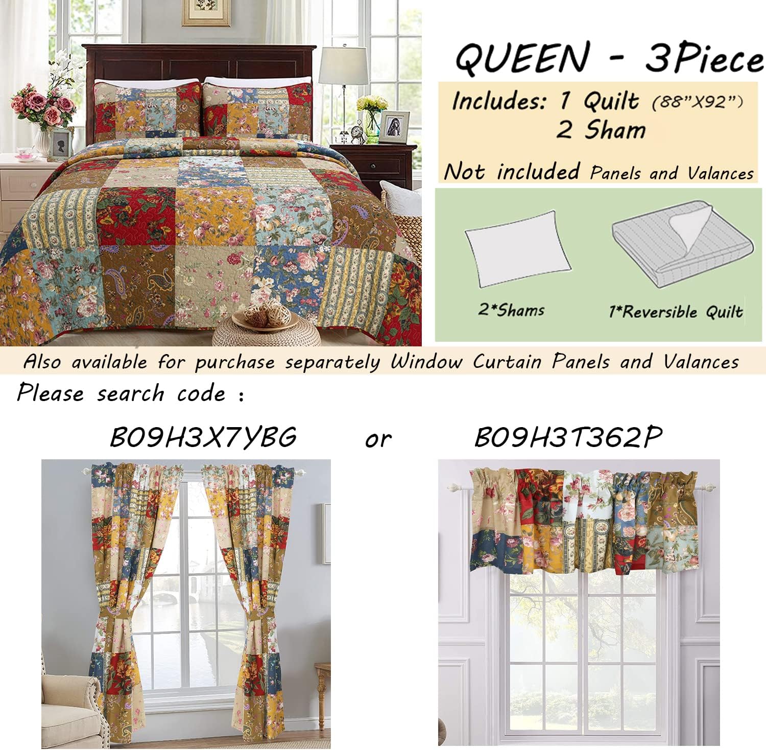 Khaki Red Farmhouse Patchwork Quilt Set, Queen Size 3-Piece Reversible Cotton Bedding