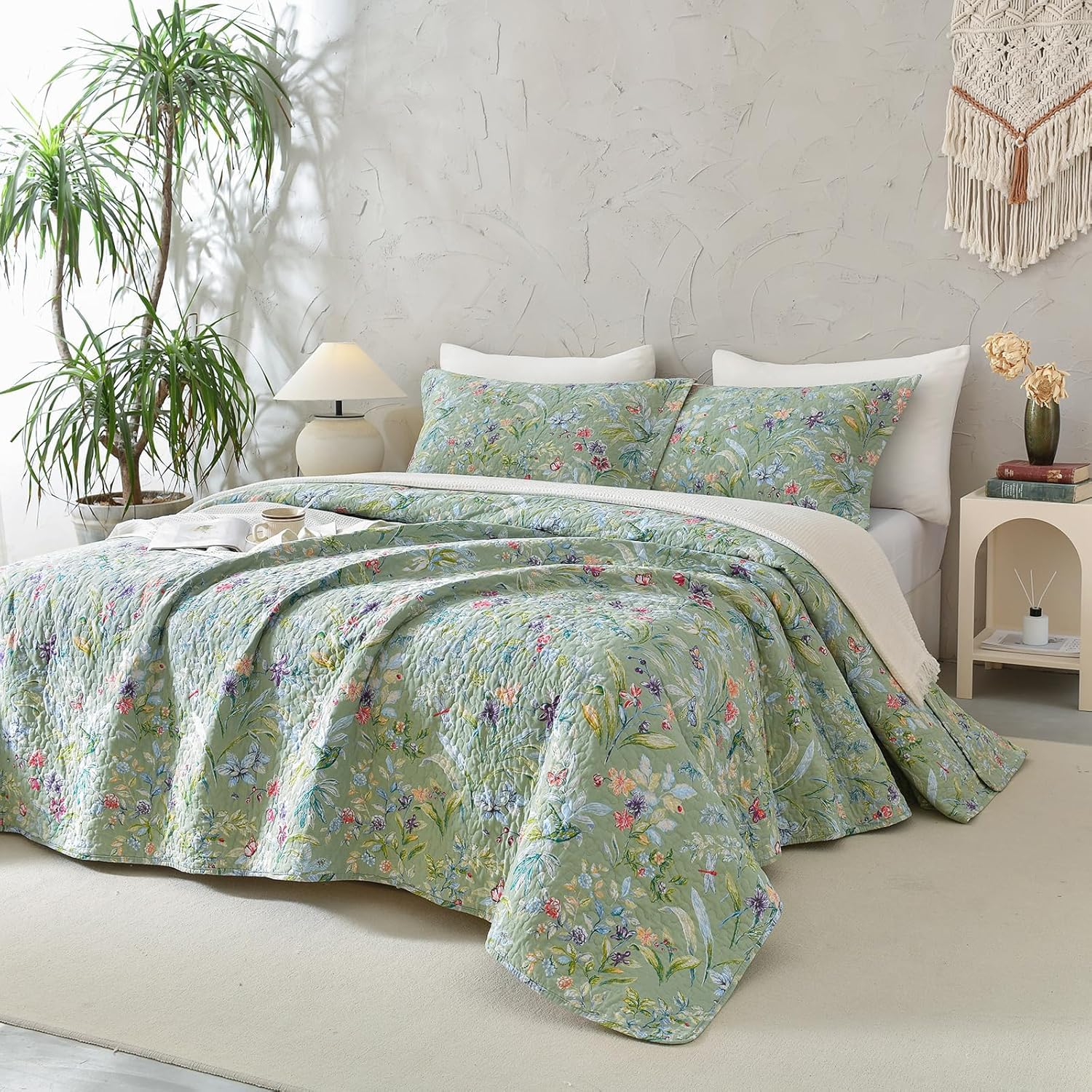 Sanracie 100% Cotton Quilt Queen Size(90"x98")-Floral Quilted Bedspreads Set,3pcs Yellow Wild Flower Botanical Printed Pattern Quilt Bedding Coverlet Summer Soft Lightweight Aesthetic Bedding