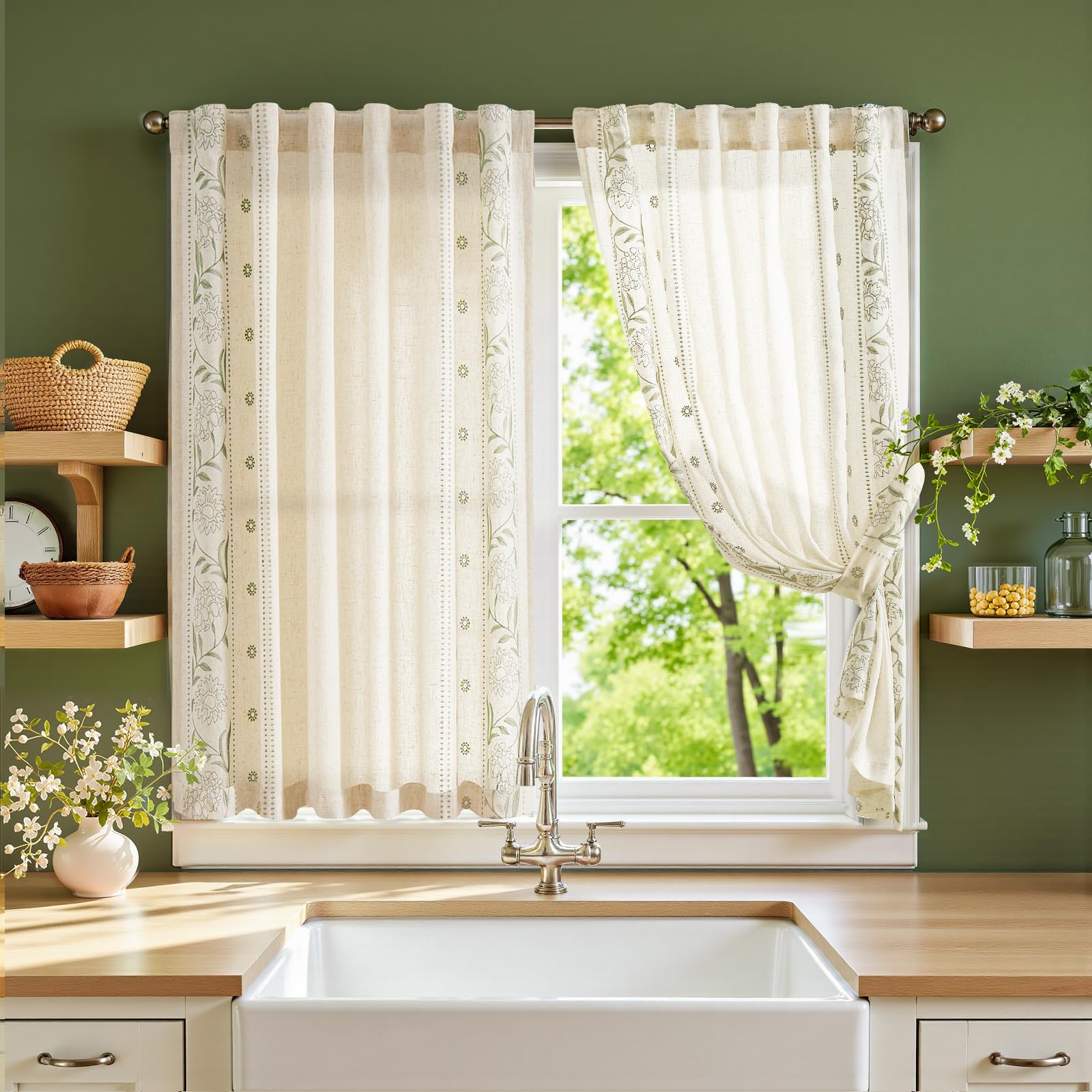 jinchan Winslow Linen Curtains for Bedroom 84 Inches Length Embroidered Bordered Floral Curtains for Living Room Farmhouse Decor Light Filtering Window Treatments Blue on Beige Drapes 2 Panels
