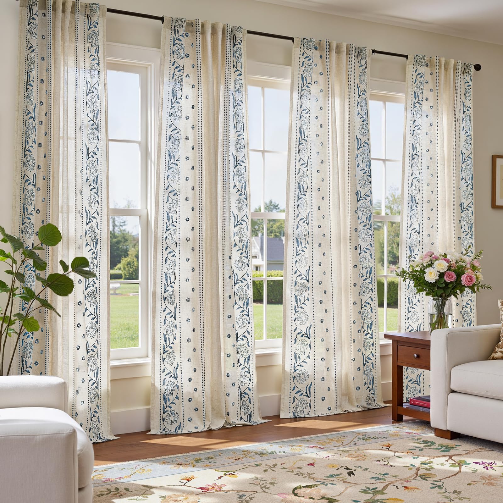 jinchan Winslow Linen Curtains for Bedroom 84 Inches Length Embroidered Bordered Floral Curtains for Living Room Farmhouse Decor Light Filtering Window Treatments Blue on Beige Drapes 2 Panels