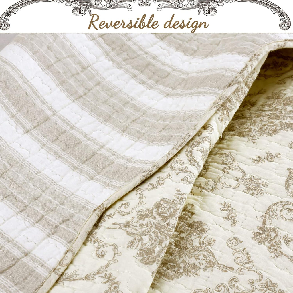 Cozy Line Home Fashions French Medallion 100% Cotton Bedding Quilt Set, Beige Ivory Rose Flower Reversible Coverlet Bedspread (Cream Eggnog, Queen -3 piece)