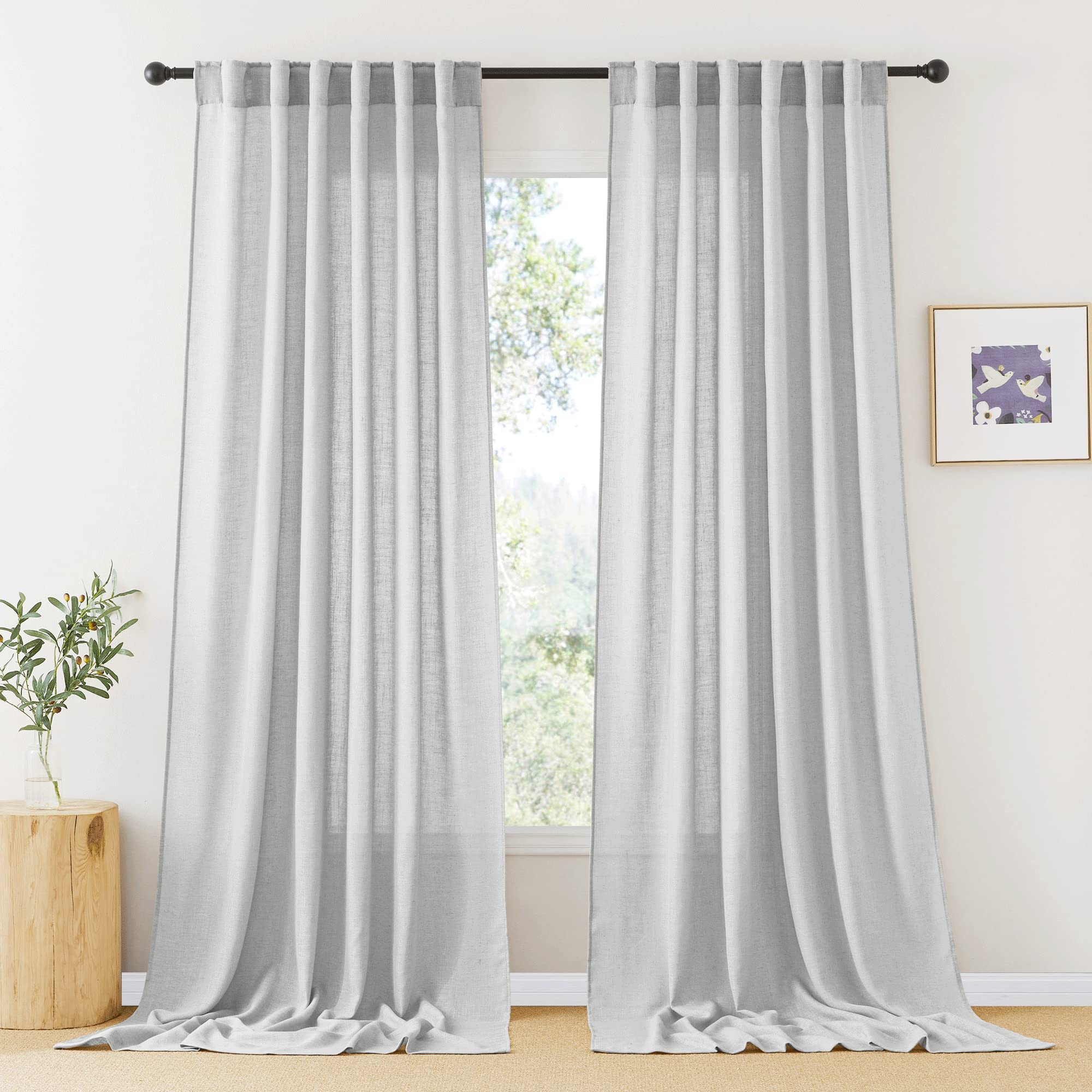 RYB HOME Semi Sheer Curtains - Linen Blend Privacy Curtains Sheer Window Treatment Drapes Farmhouse Decor for Bedroom Living Room Sliding Glass Door, 52 inch Wide x 95 inch Long 2 Panels, Linen