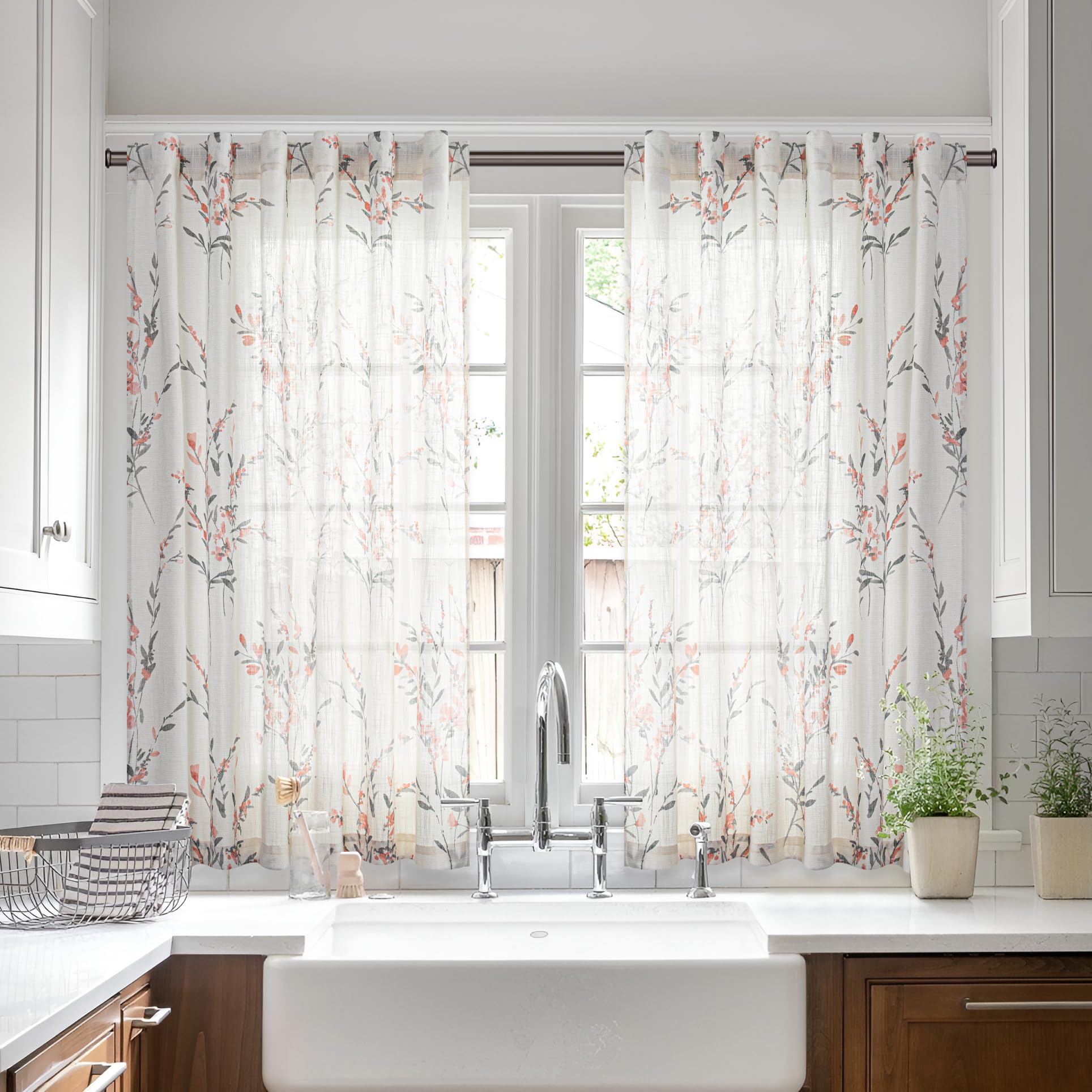 MYSKY HOME Sheer Curtains 84 Inches Long 2 Panels Linen Blended Farmhouse Curtains & Drapes for Living Room Bedroom, Light Filtering Privacy Curtains Floral Printed Classical Home Decor, Navy Blue(2)