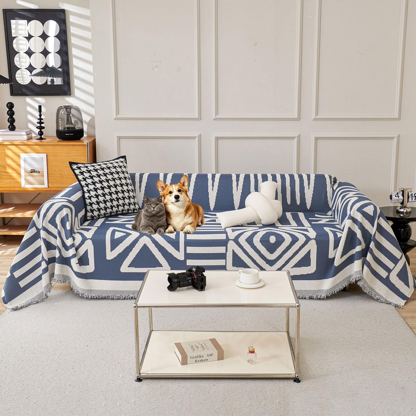 VClife Boho Couch Cover, Washable Sofa Cover for Dog, Non Slip Couch Covers for 3 Cushion Couch, Modern Khaki Creamy White Geometric Sofa Slipcovers Multi-Functional Furniture Protector 71'' x 134''