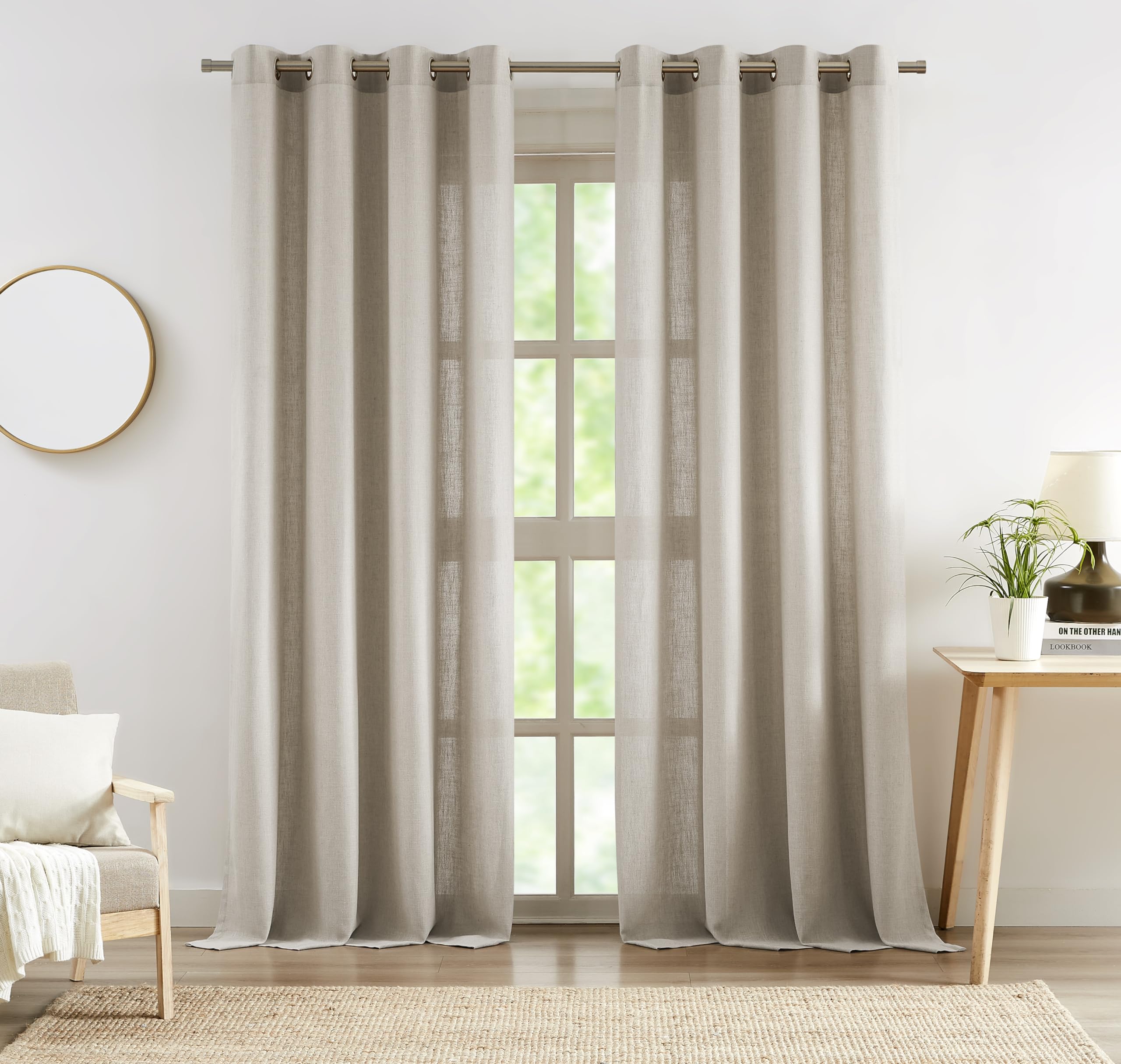 2 Panels Soft Green Linen Blend Sheer Curtains 58"x95", Grommet Light Filtering Drapes